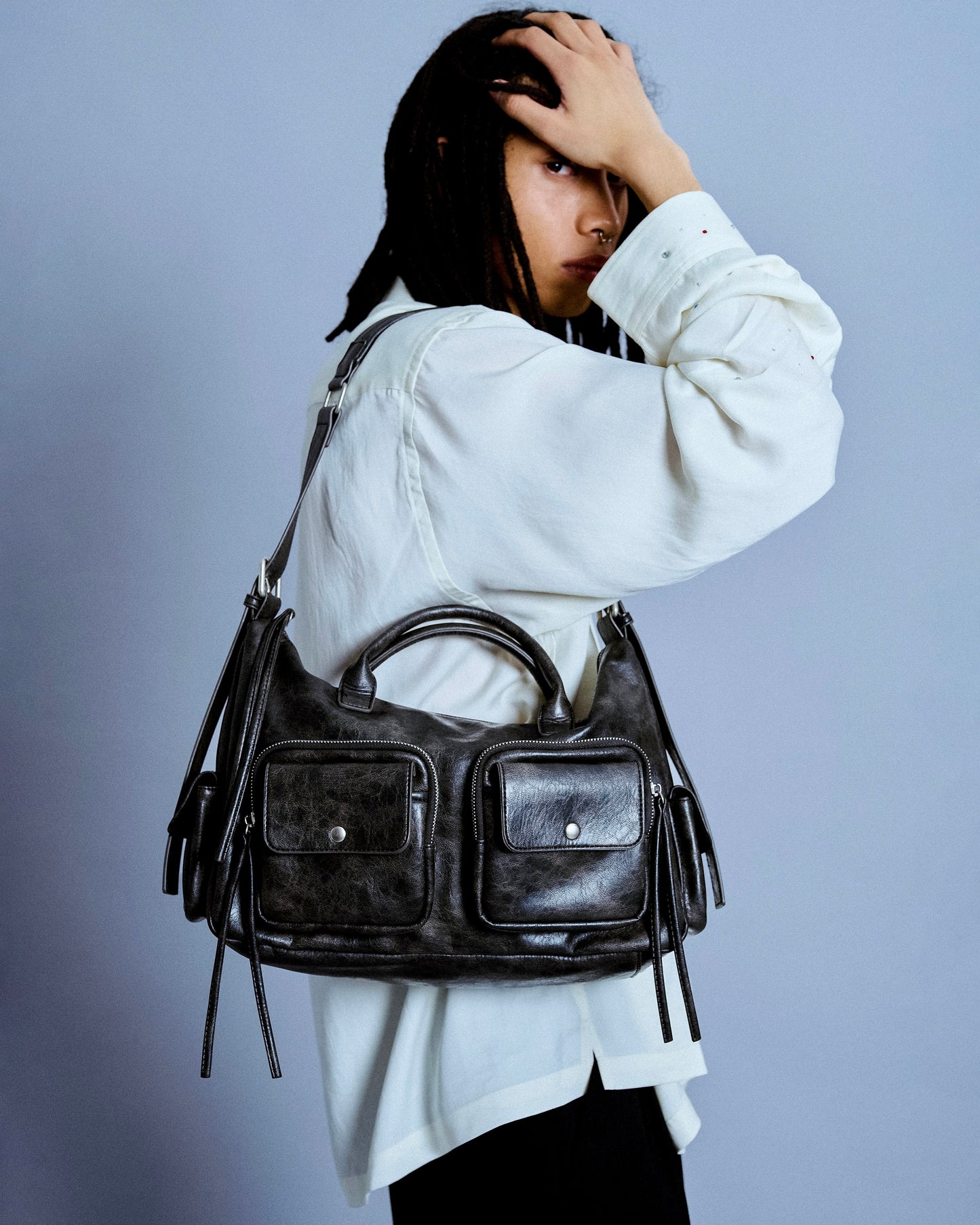 faux leather multi pocket shoulder bag