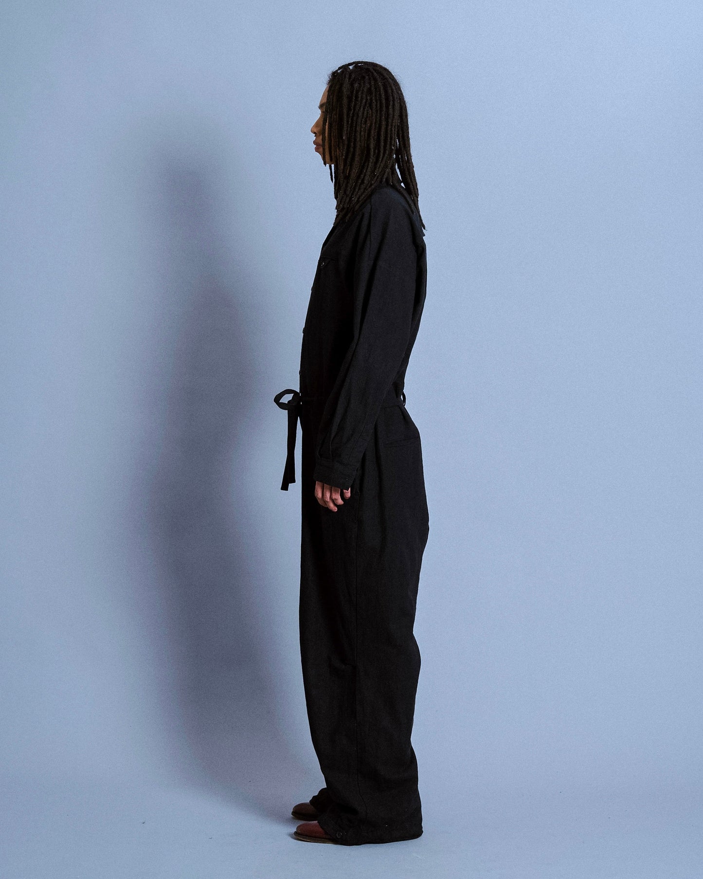open collar cotton linen belted l/s jump suit