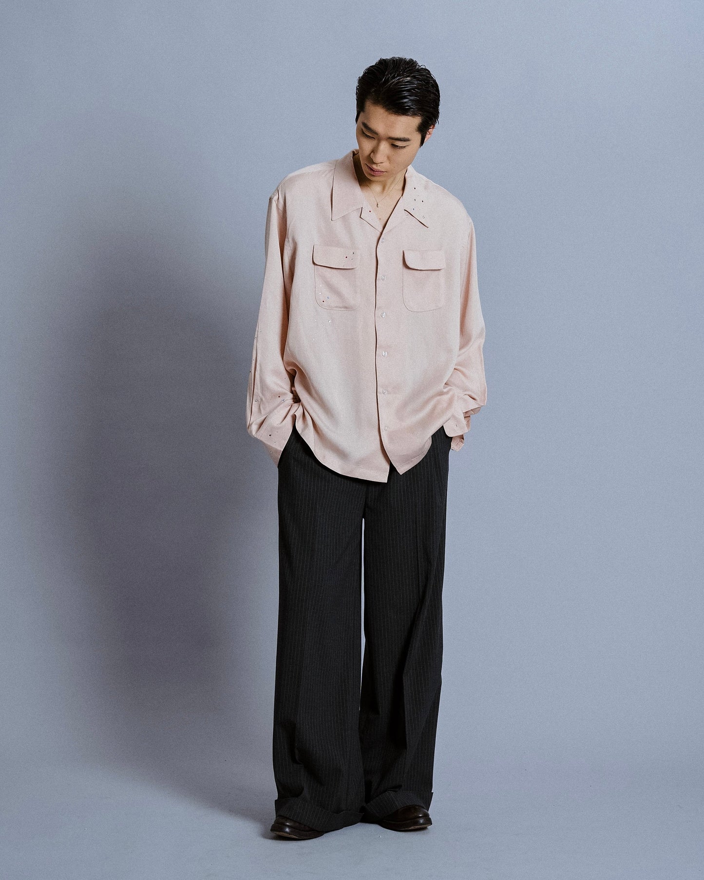 rhinestone rayon open collar l/s shirt