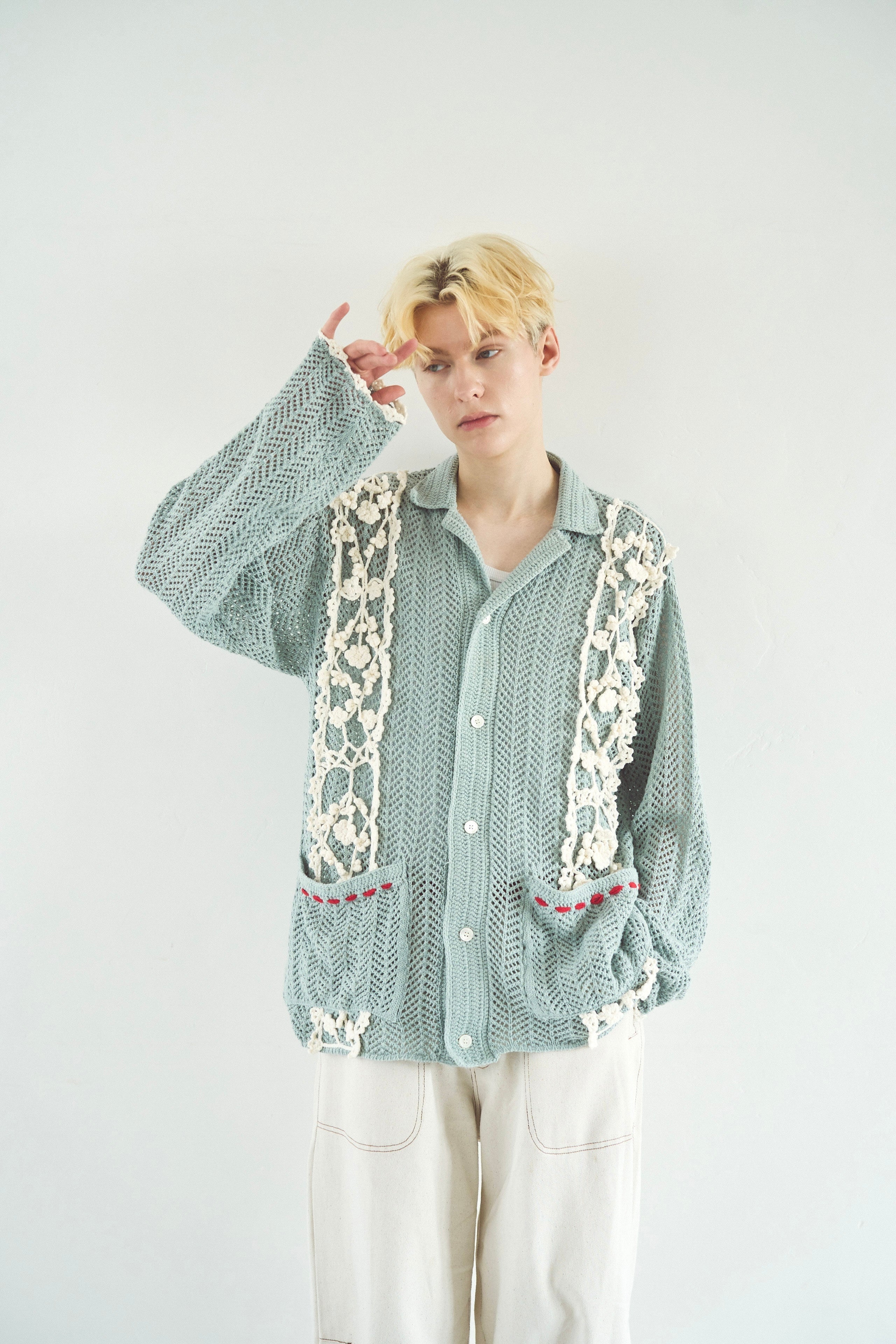 【ギフ_包装】 knit hand flower WOOD CAMPHOR – cardigan shirt Cuba line トップス