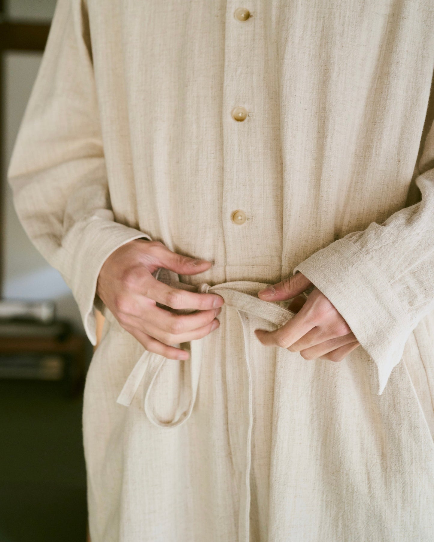 open collar cotton linen belted l/s jump suit