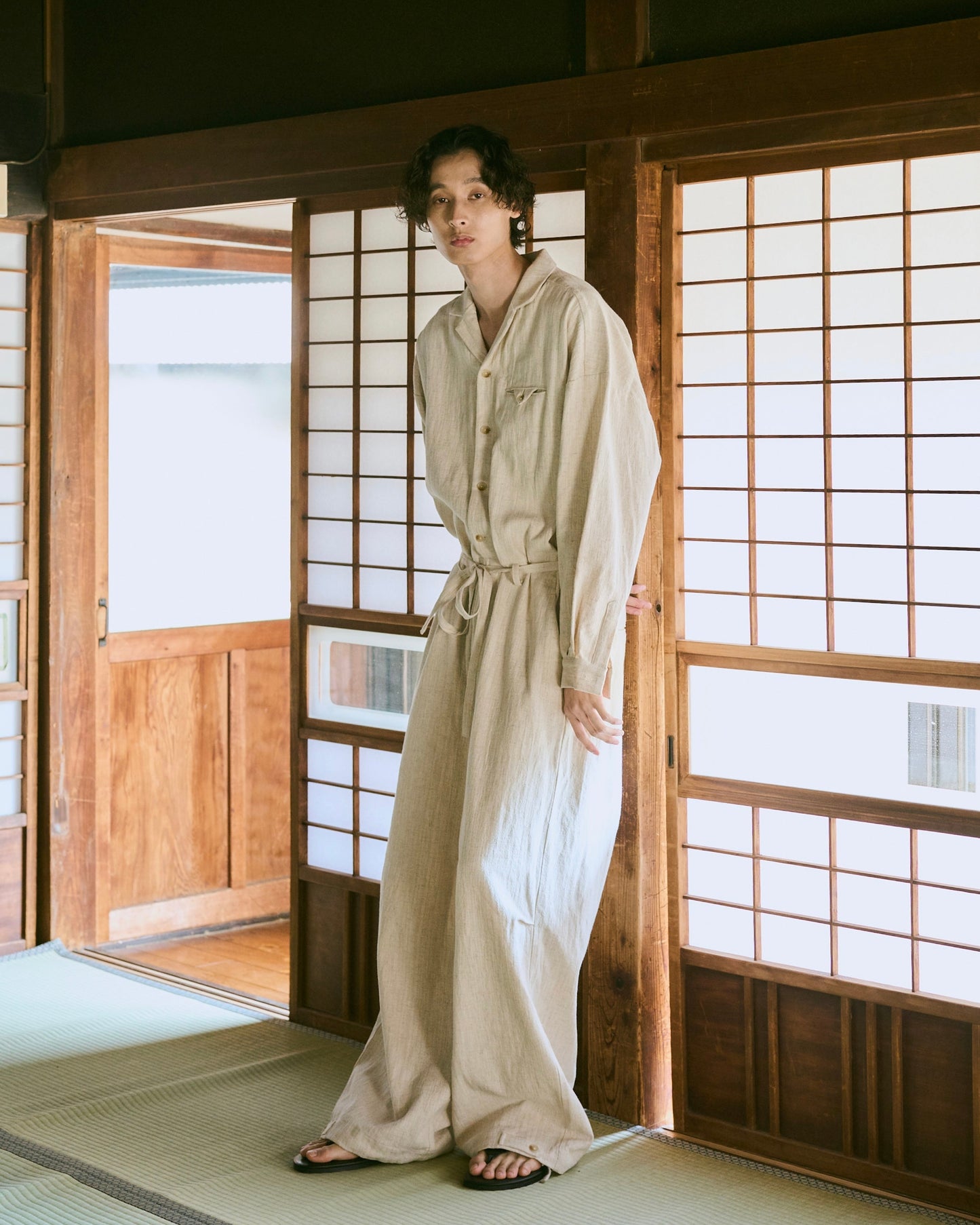 open collar cotton linen belted l/s jump suit