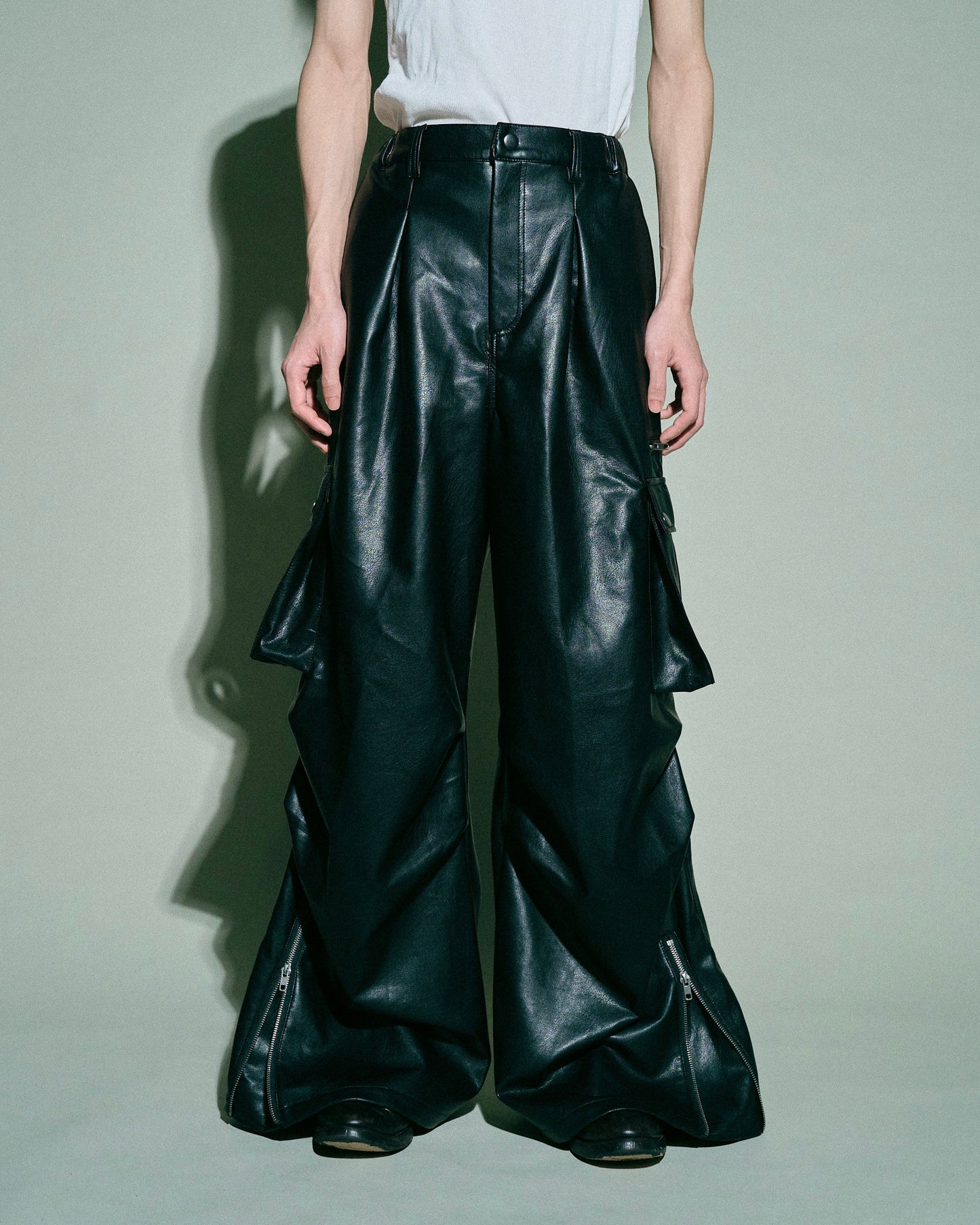 wide baggy faux leather parachute cargo trouser