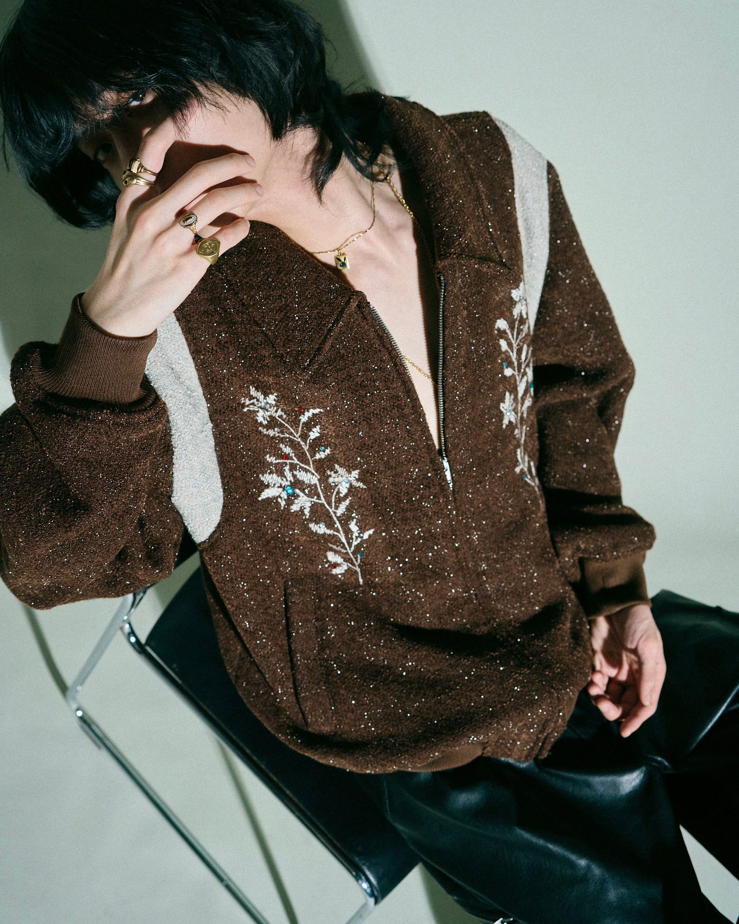 flower embroidery lame tweed varsity jacket