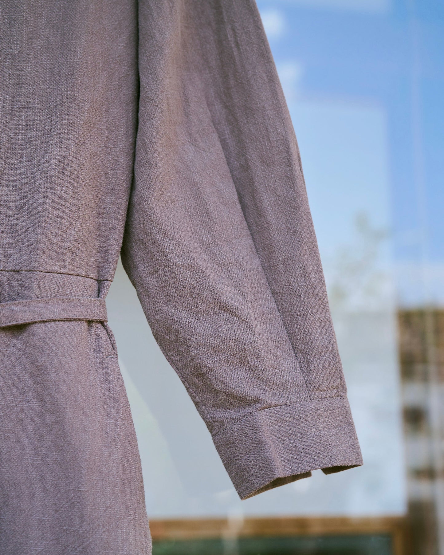 open collar cotton linen belted l/s jump suit