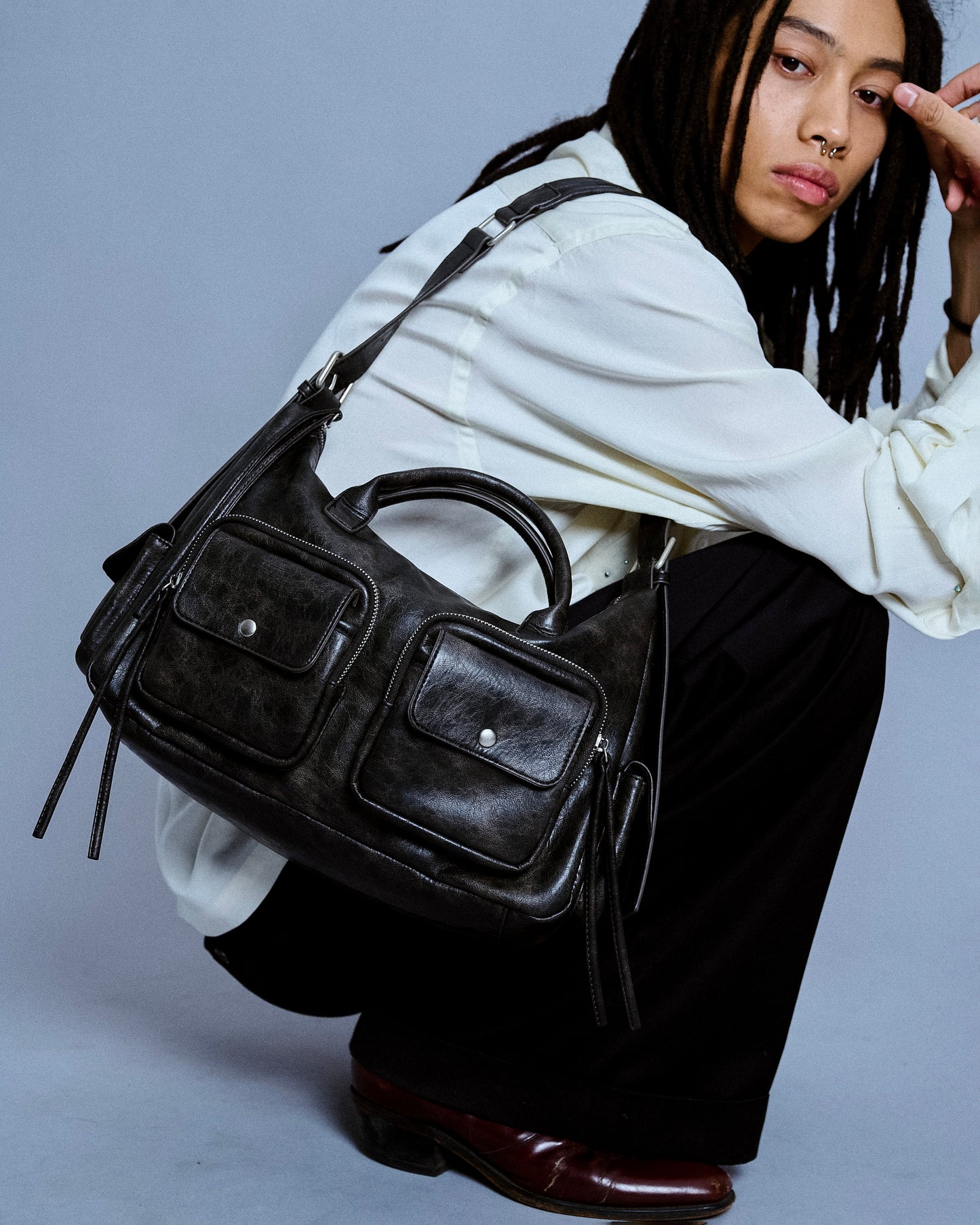 faux leather multi pocket shoulder bag