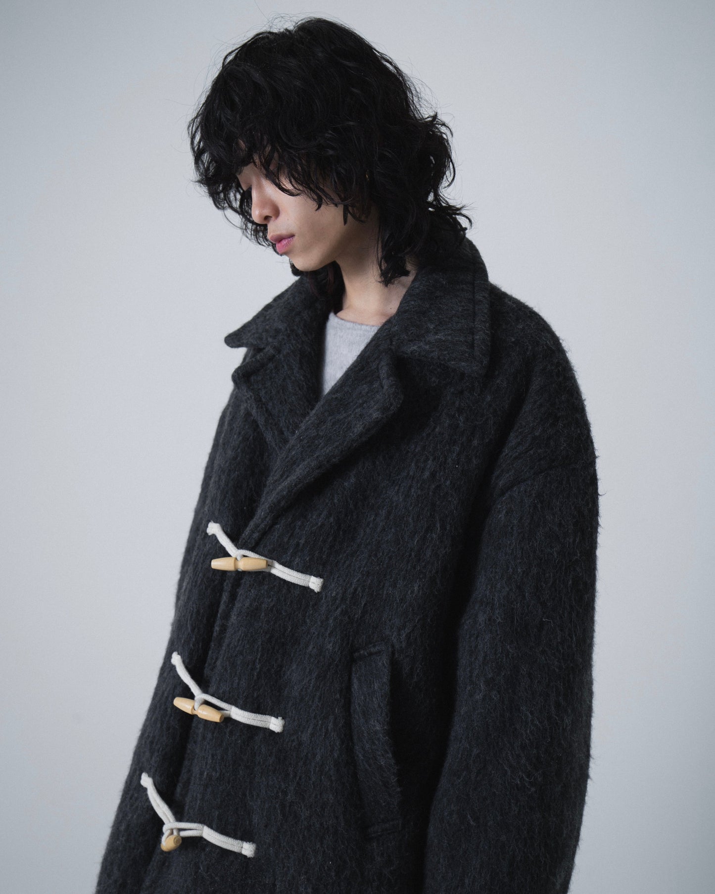 double breasted wool shaggy duffle coat