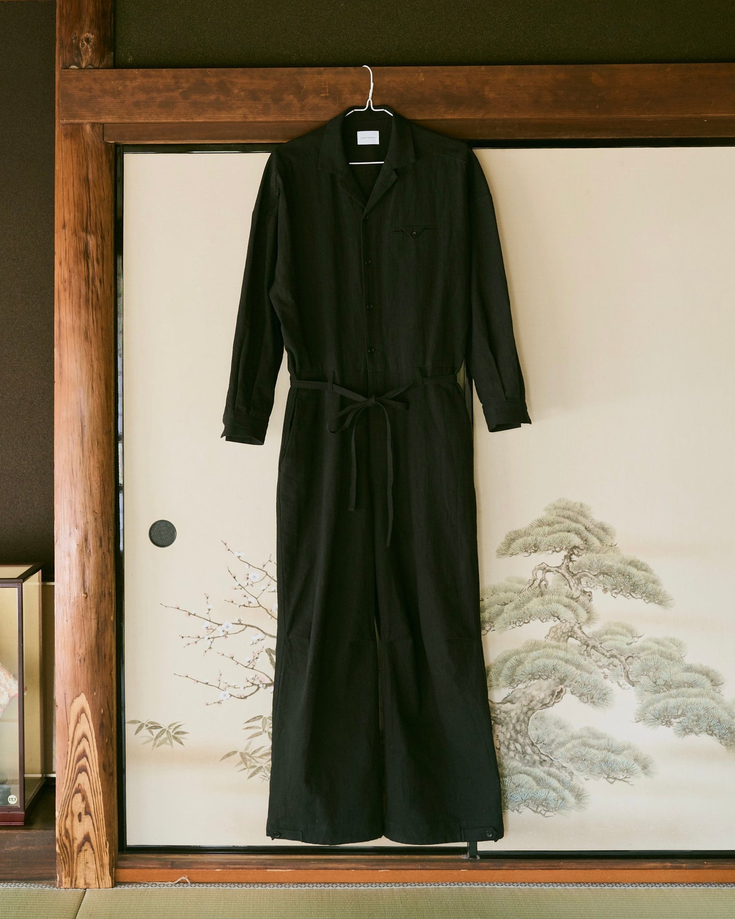 open collar cotton linen belted l/s jump suit