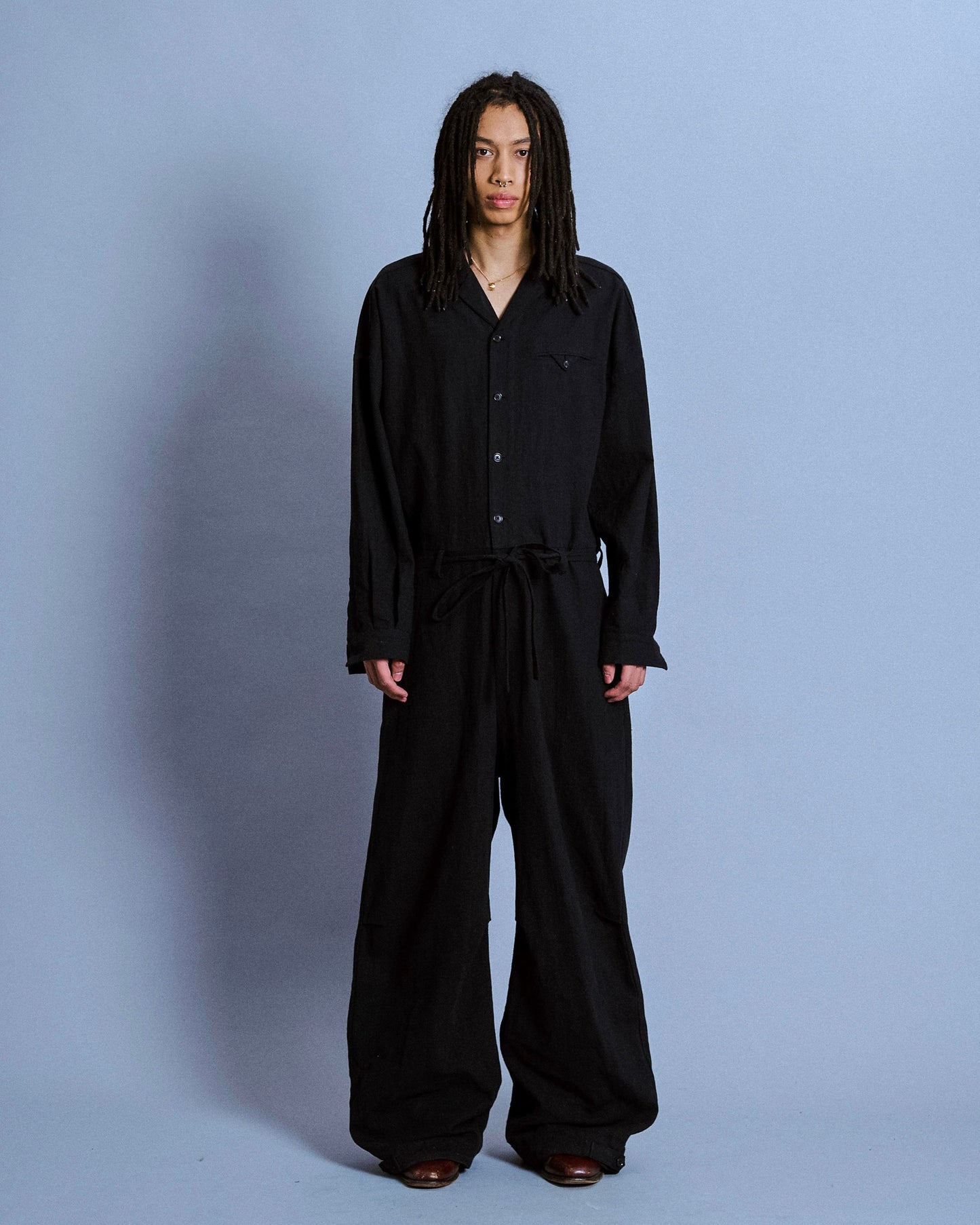 open collar cotton linen belted l/s jump suit