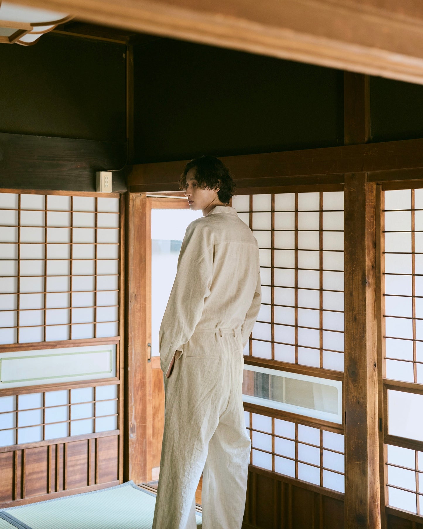 open collar cotton linen belted l/s jump suit