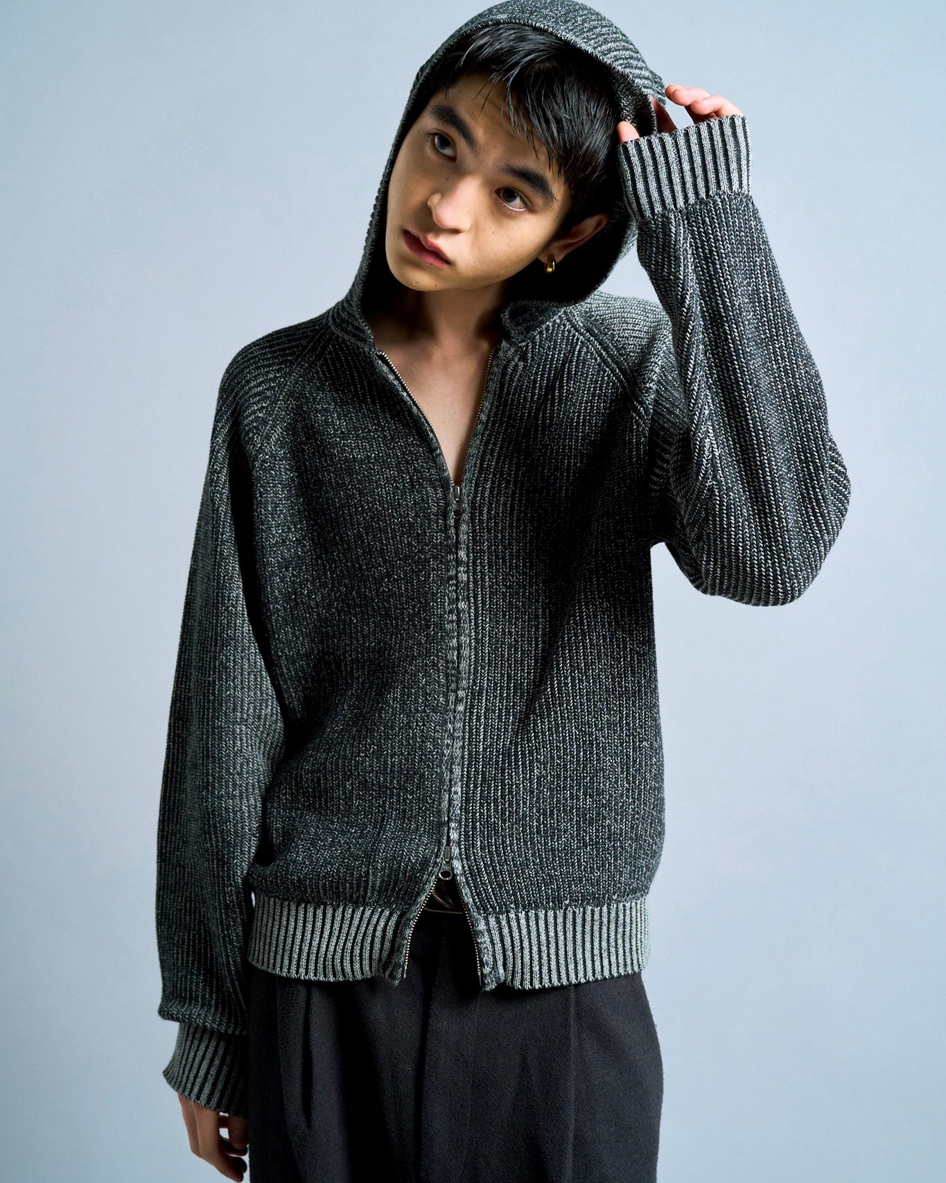 double zip mix yarn knit hoodie