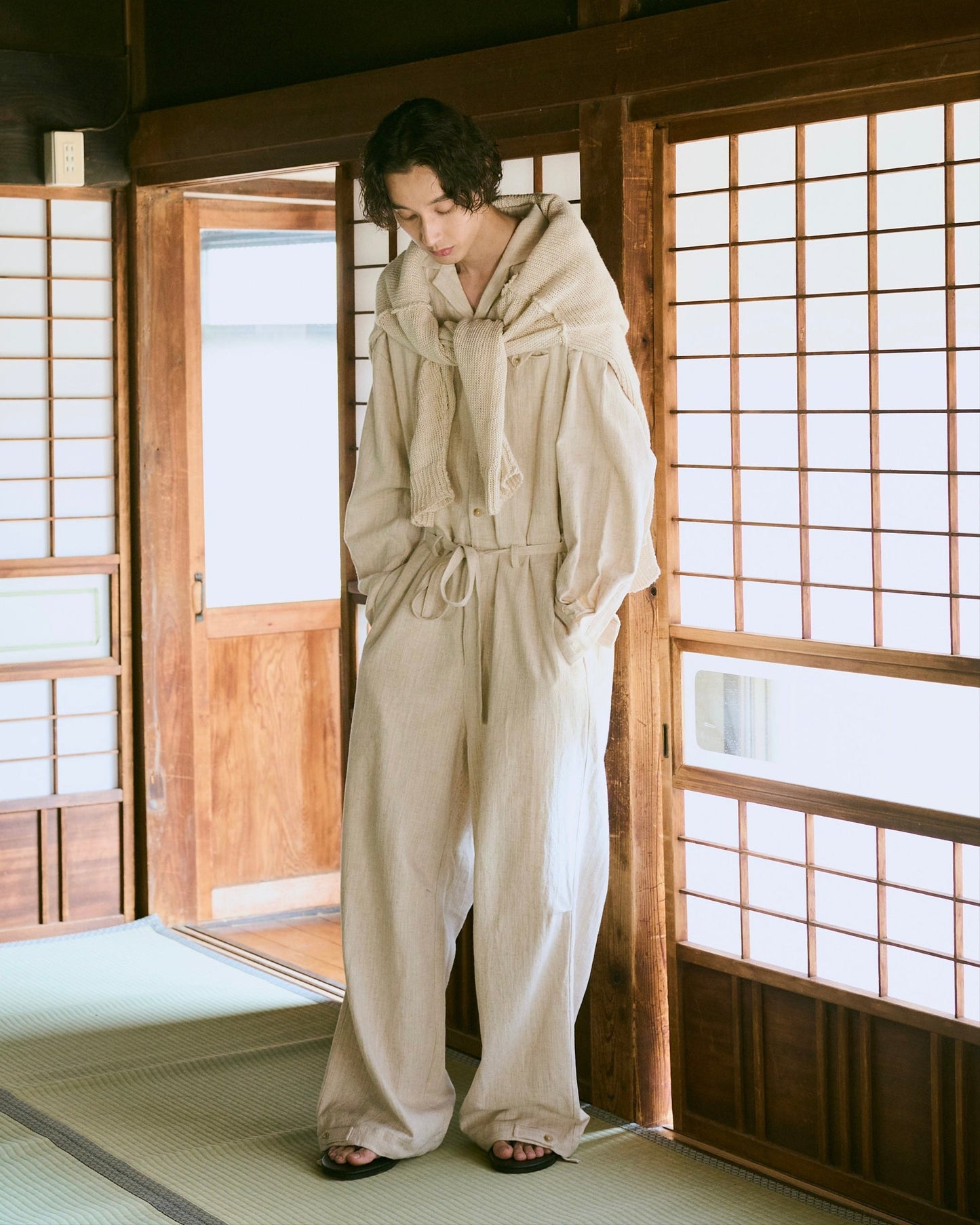 open collar cotton linen belted l/s jump suit
