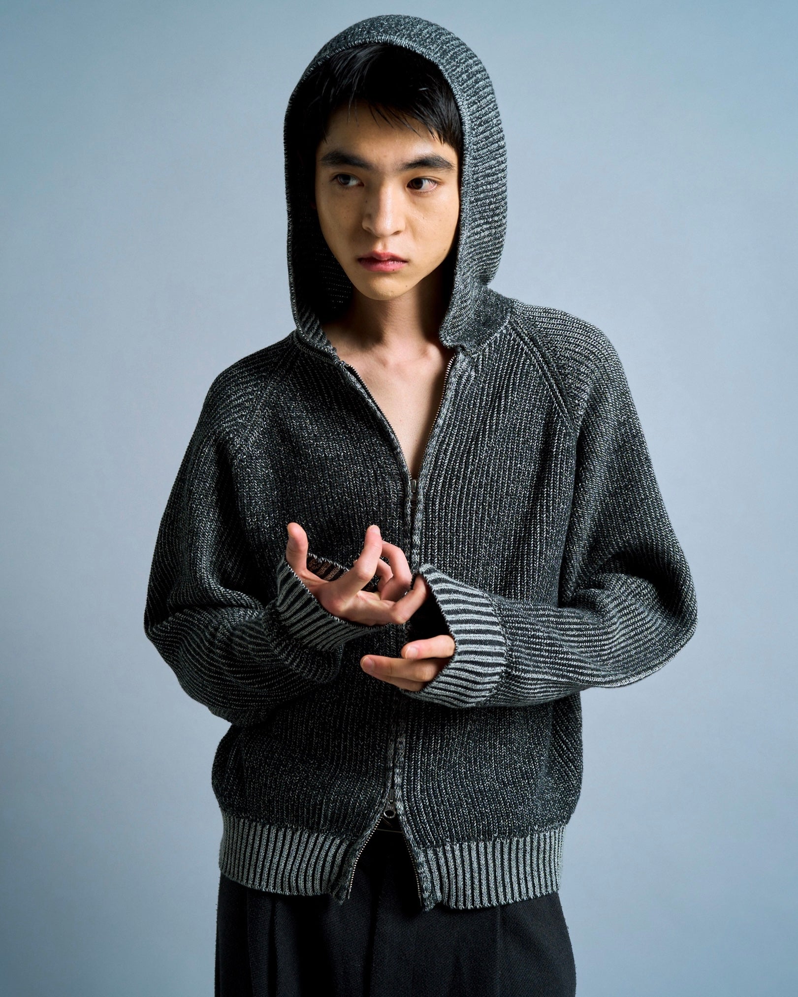 double zip mix yarn knit hoodie – CAMPHOR WOOD - OFFICIAL