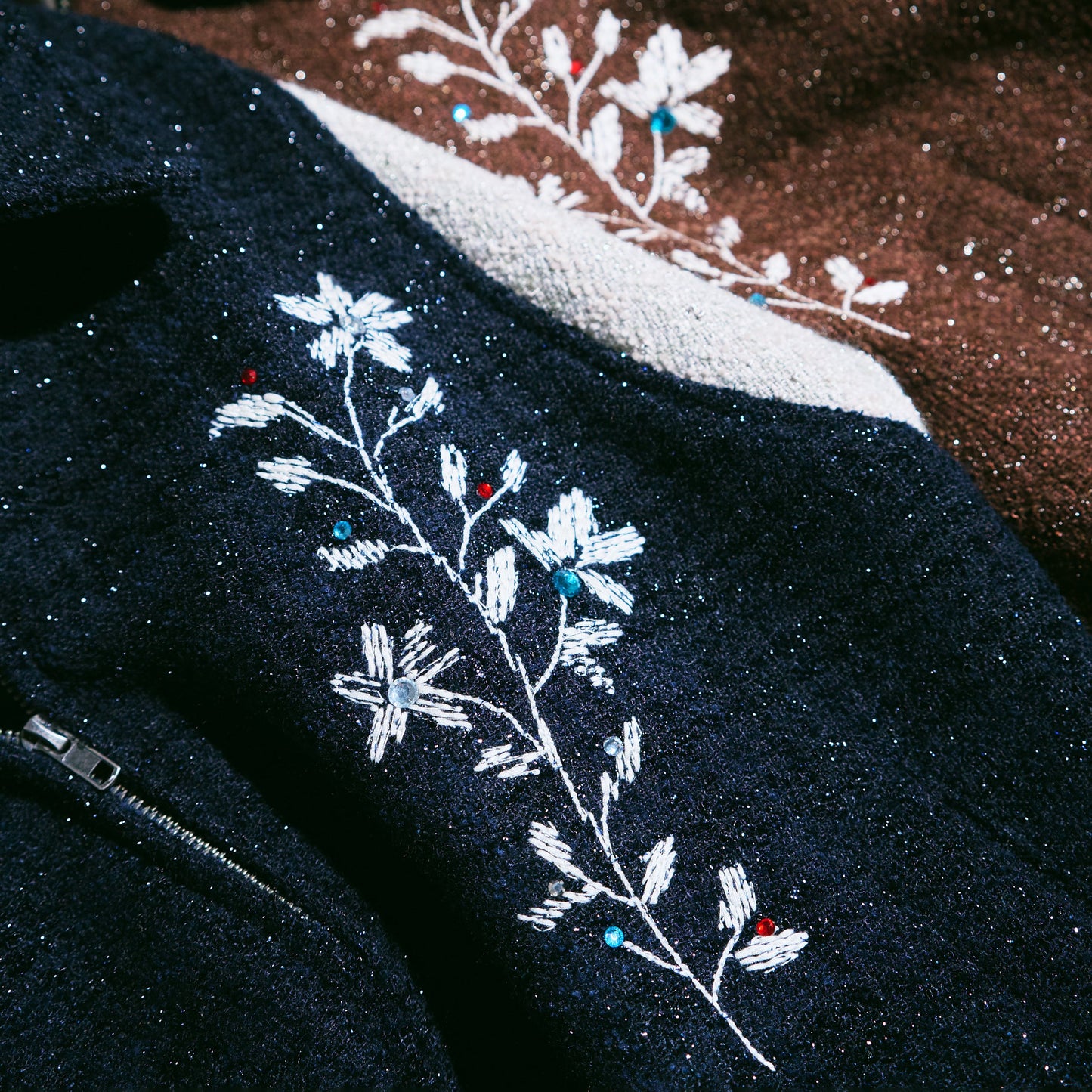 flower embroidery lame tweed varsity jacket