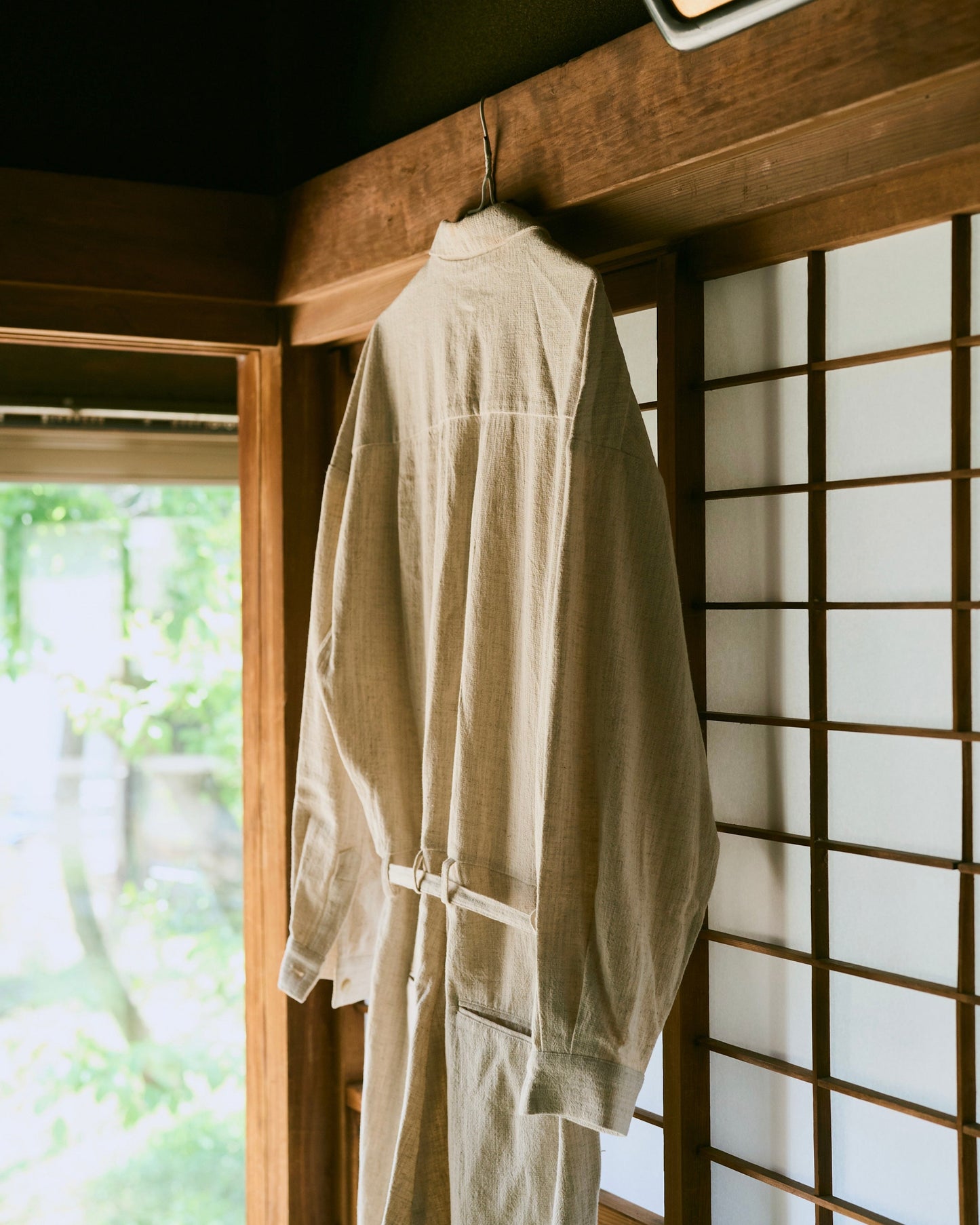 open collar cotton linen belted l/s jump suit