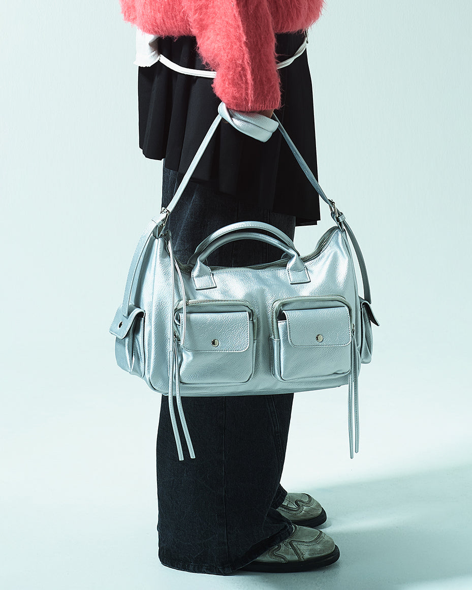 FAUX LEATHER MULTI POCKET SHOULDER BAG - SILVER
