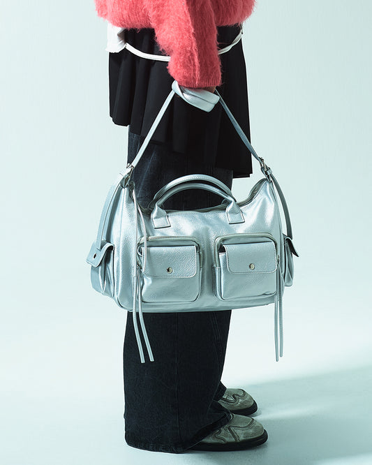 FAUX LEATHER MULTI POCKET SHOULDER BAG - SILVER