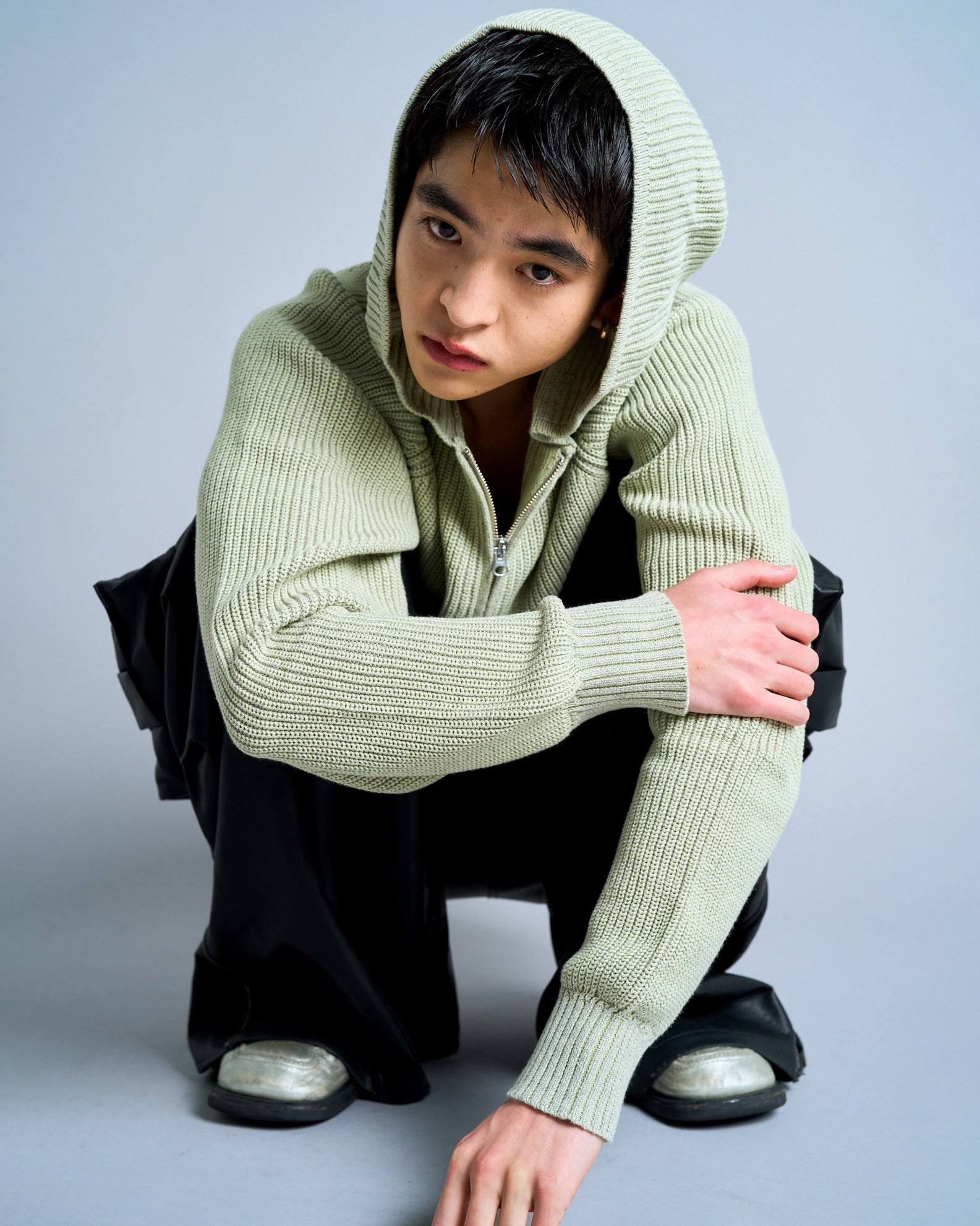 Camphor wood ダブルジップニットフーディー　M チャコール double zip mix yarn knit hoodie – CAMPHOR WOOD - OFFICIAL