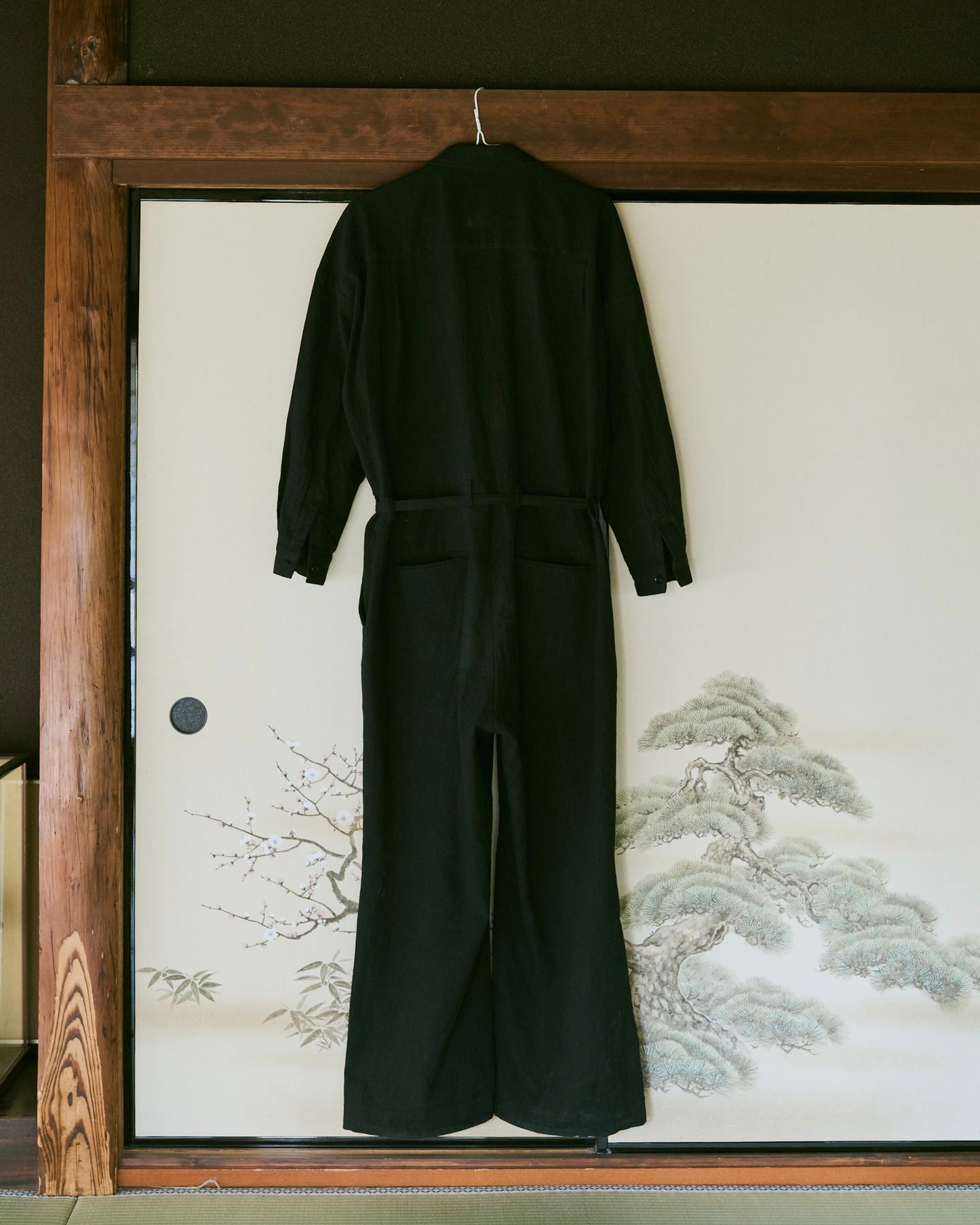 open collar cotton linen belted l/s jump suit