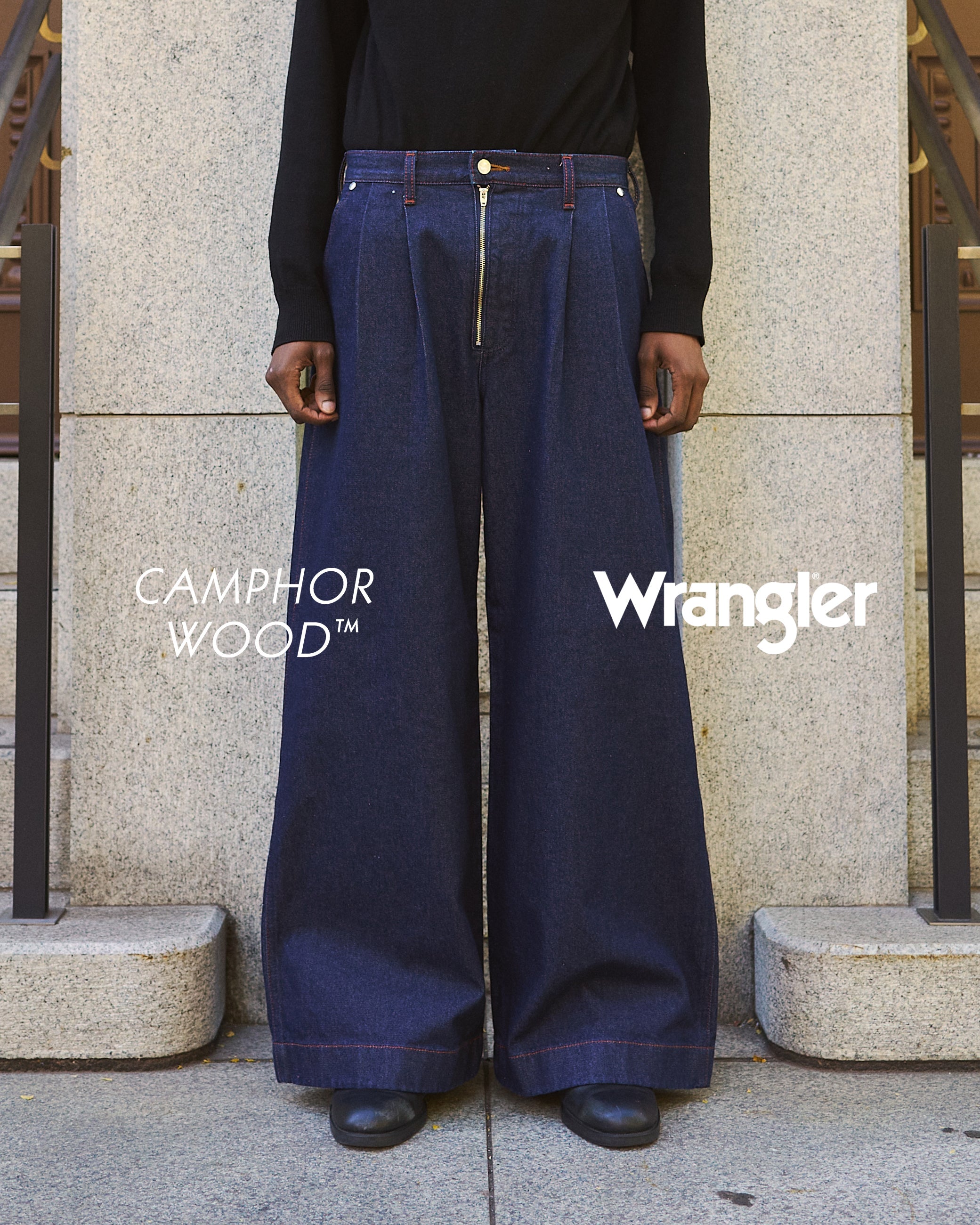 CamphorWood × Wrangler 】front zip wide baggy broken denim