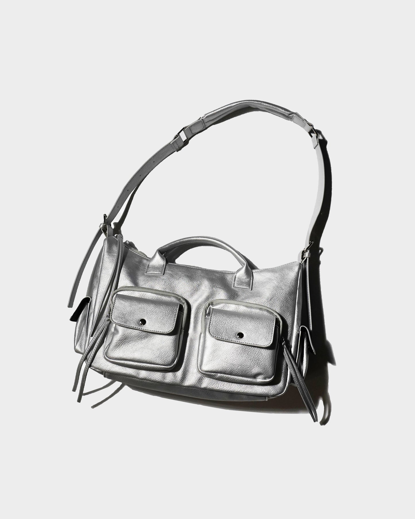 FAUX LEATHER MULTI POCKET SHOULDER BAG - SILVER