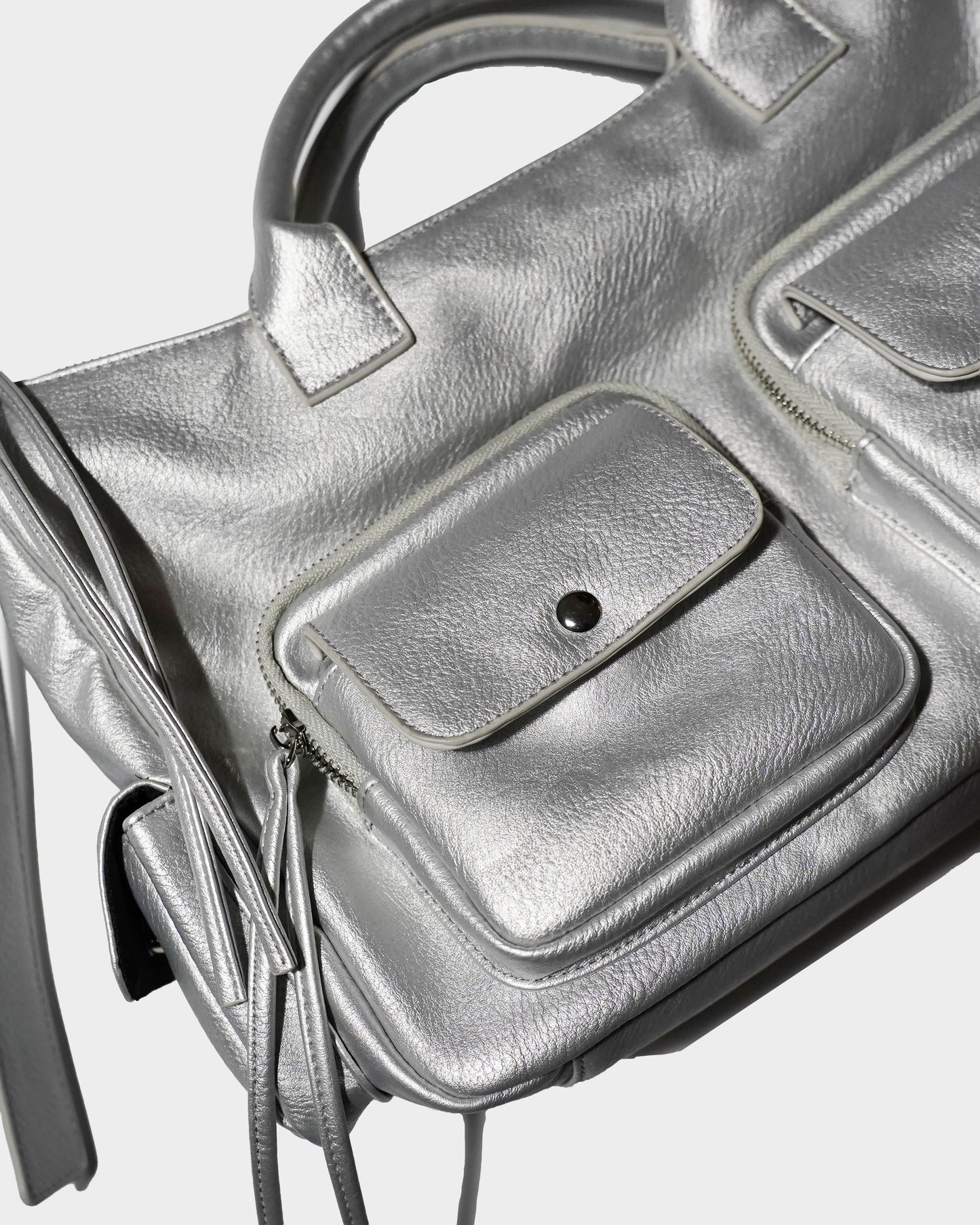 FAUX LEATHER MULTI POCKET SHOULDER BAG - SILVER