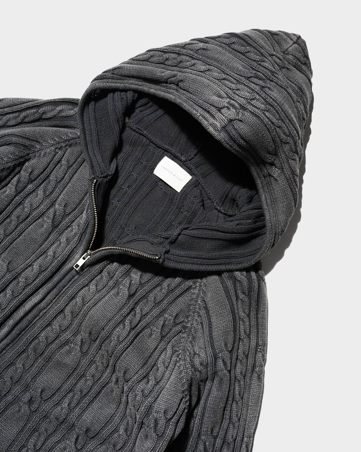 STONE WASH DOUBLE ZIP CABLE KNIT HOODIE
