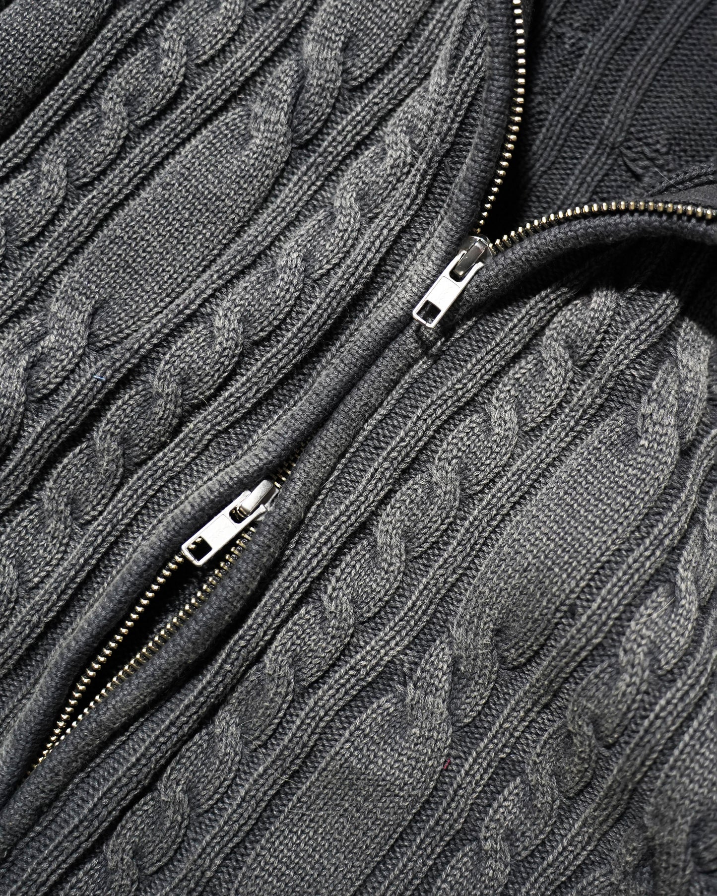 STONE WASH DOUBLE ZIP CABLE KNIT HOODIE