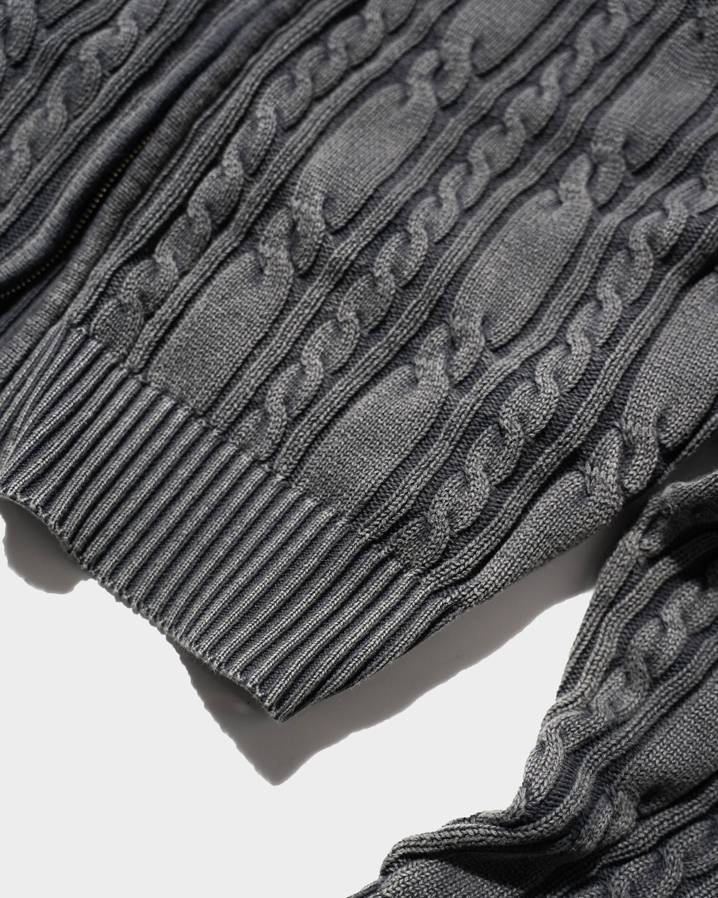 STONE WASH DOUBLE ZIP CABLE KNIT HOODIE