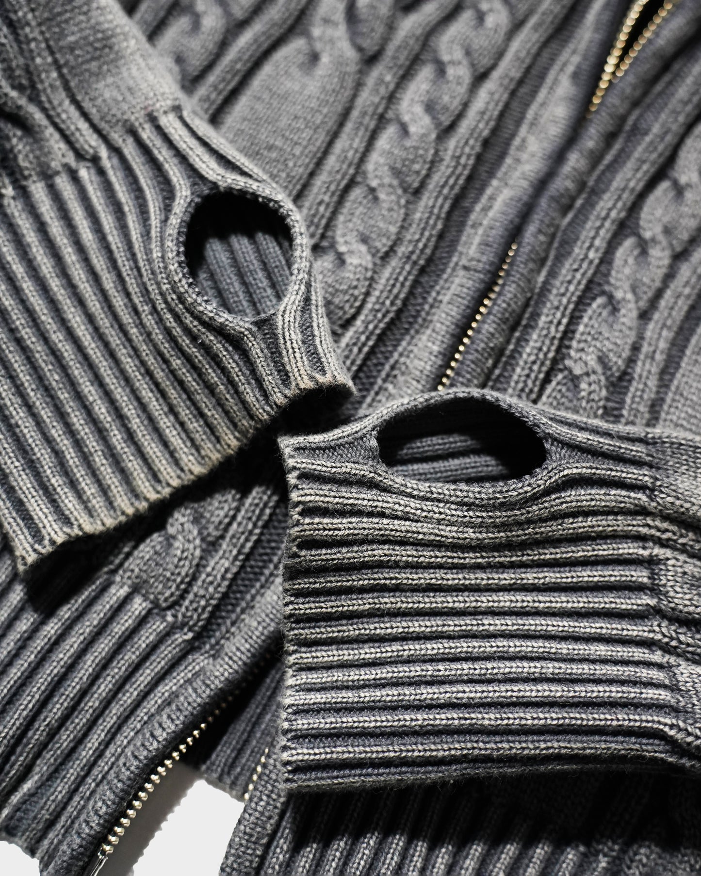 STONE WASH DOUBLE ZIP CABLE KNIT HOODIE