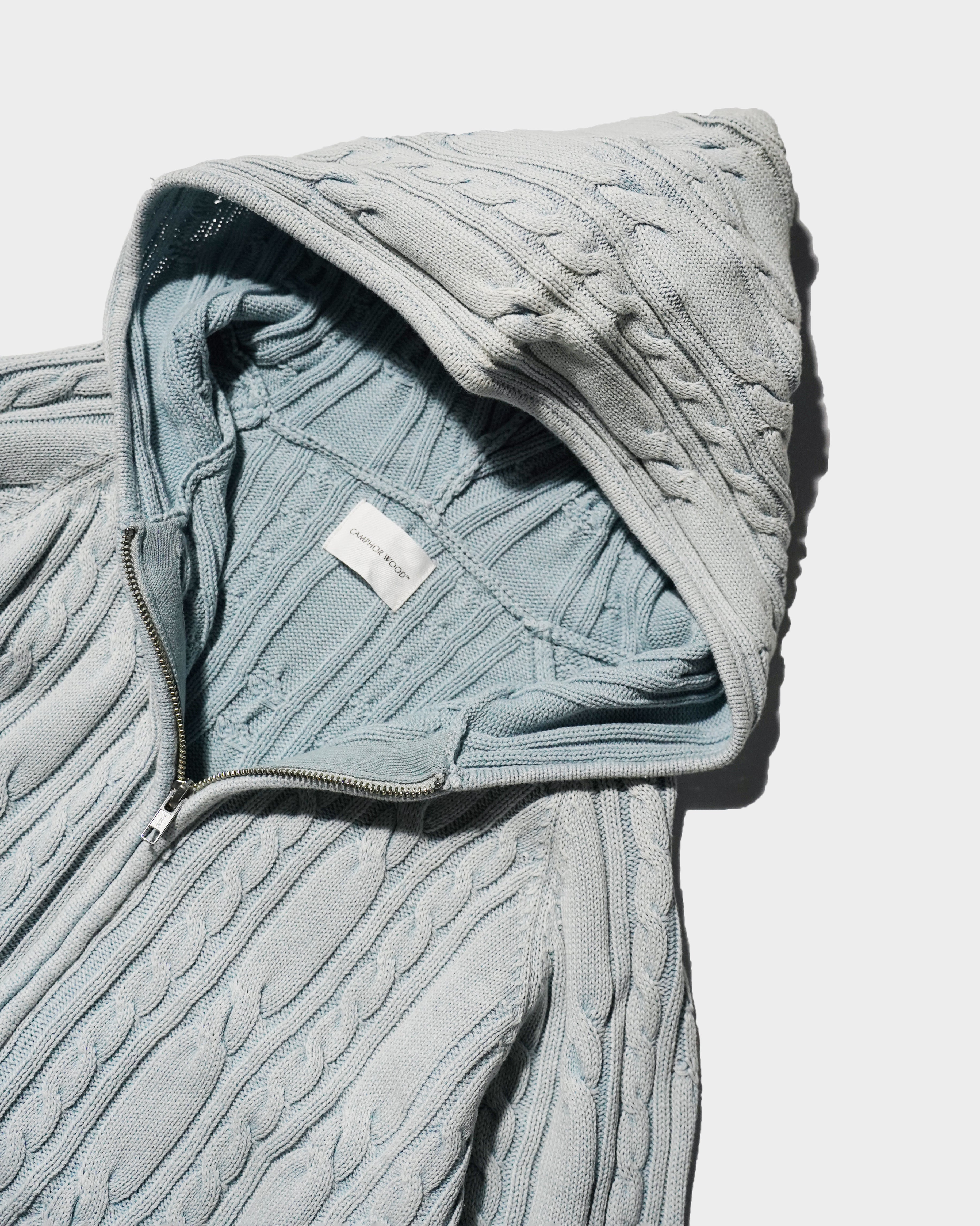 STONE WASH DOUBLE ZIP CABLE KNIT HOODIE – CAMPHOR WOOD - OFFICIAL