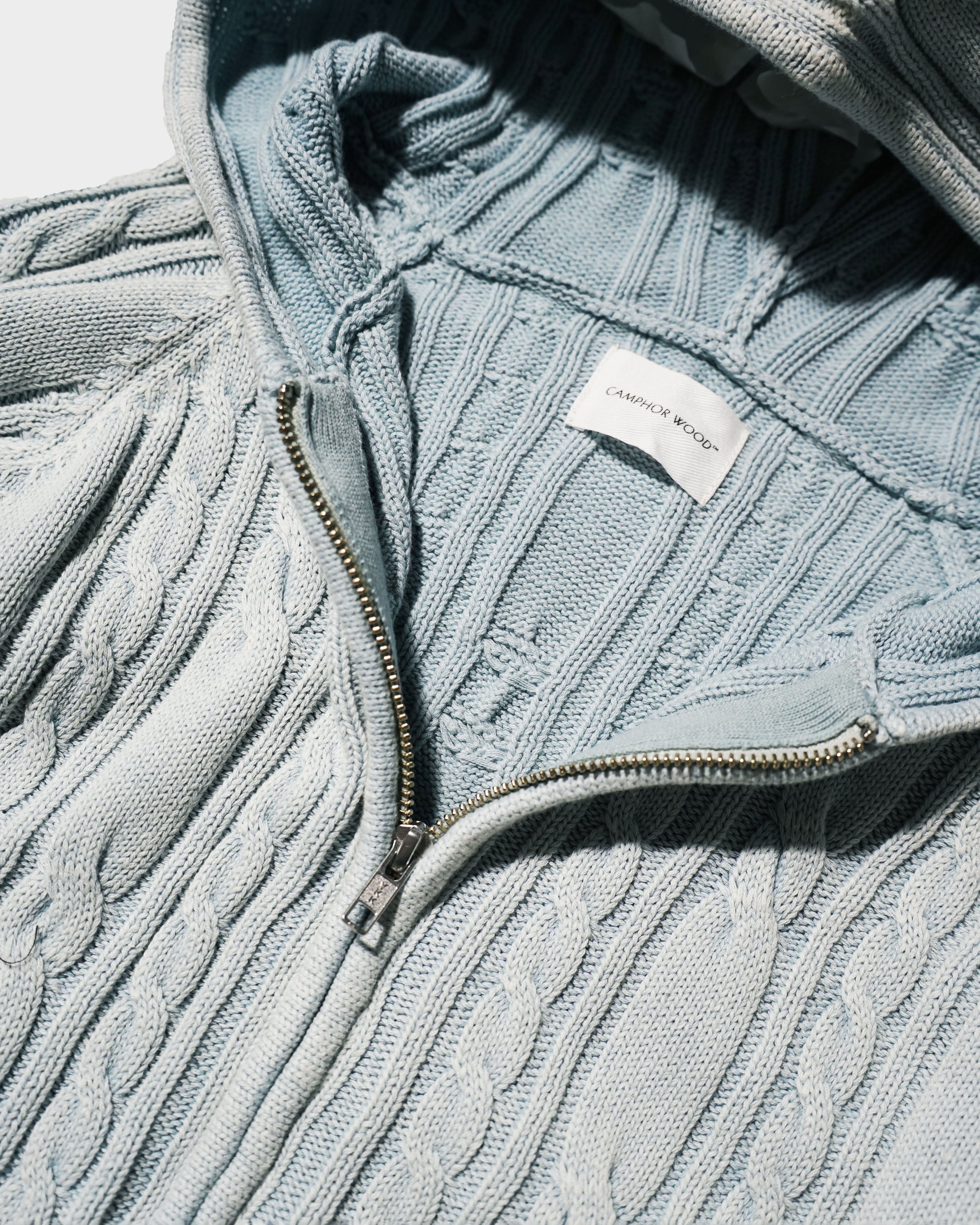 Camphor wood ウォッシュ加工ダブルジップケーブル柄ニットフーディ STONE WASH DOUBLE ZIP CABLE KNIT HOODIE – CAMPHOR WOOD - OFFICIAL