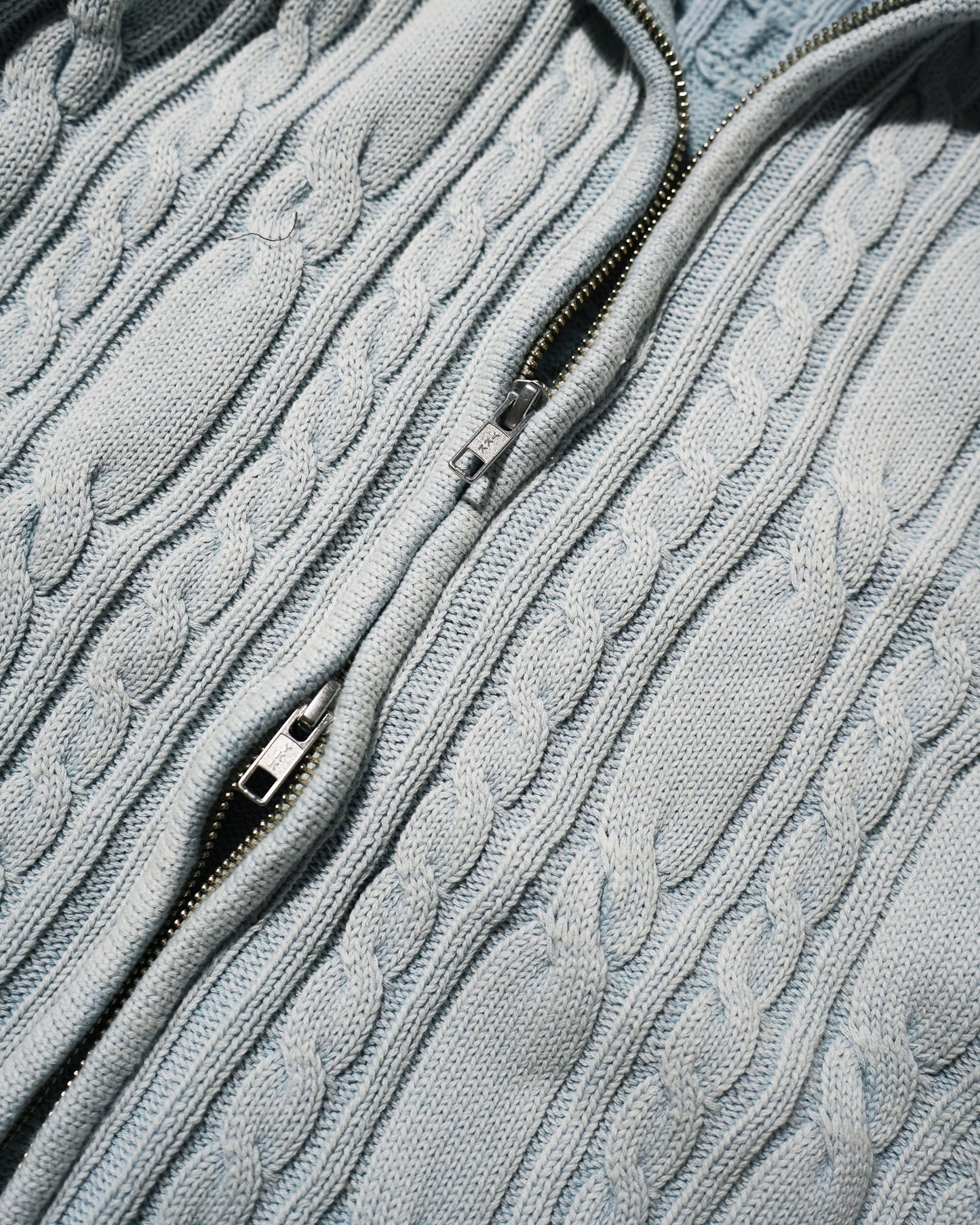 STONE WASH DOUBLE ZIP CABLE KNIT HOODIE