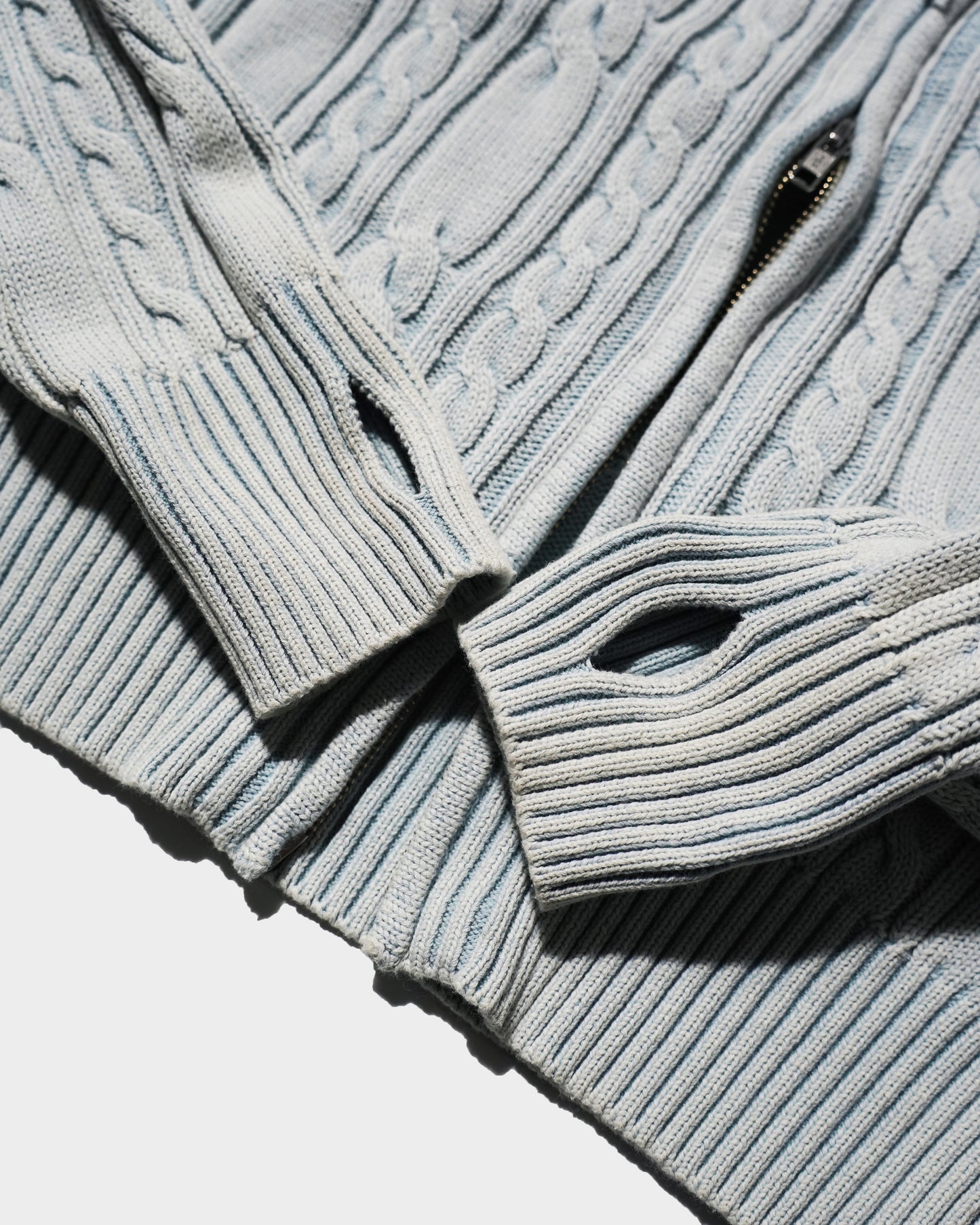 STONE WASH DOUBLE ZIP CABLE KNIT HOODIE