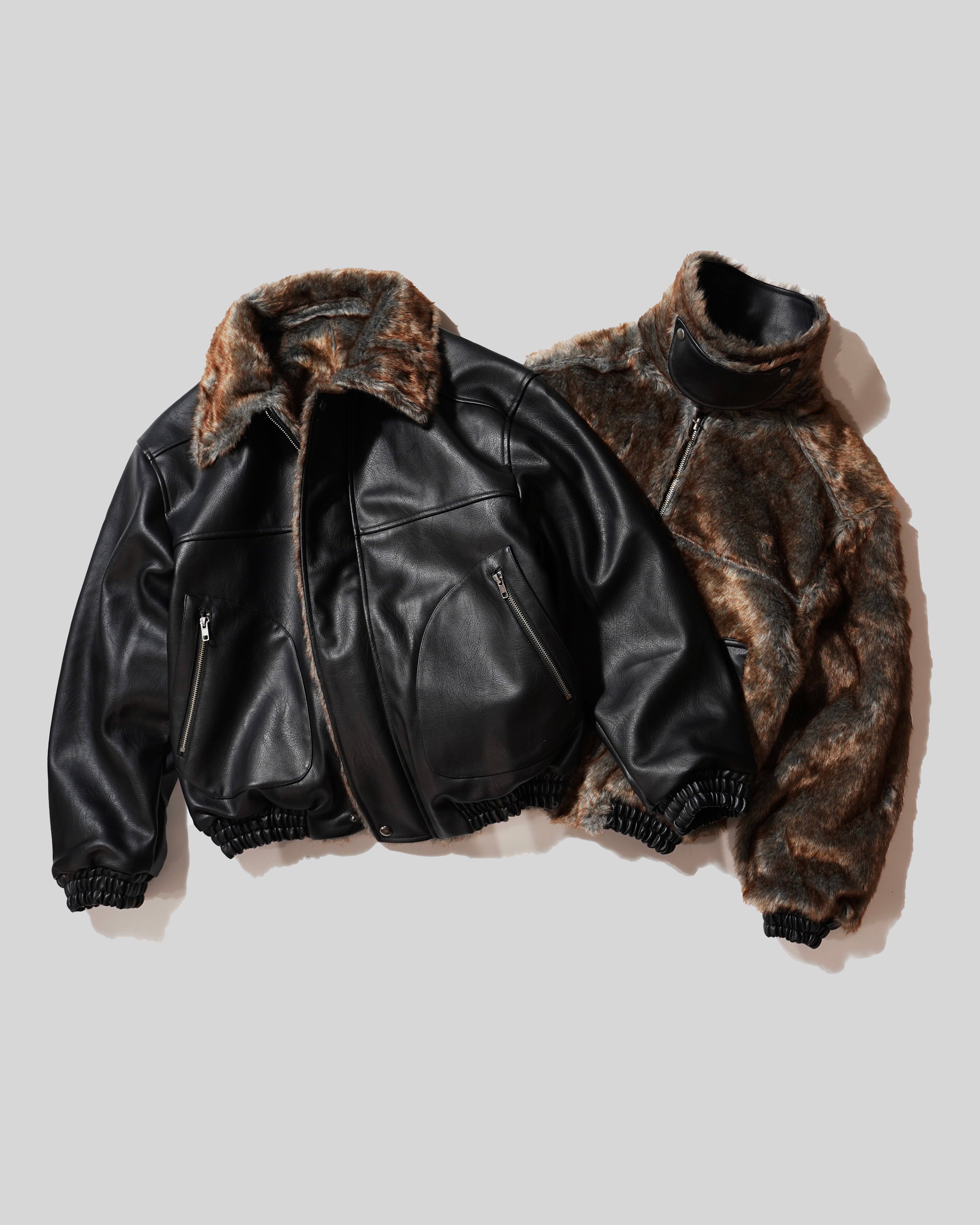 Camphor wood フェイクレザーファーリバーシブルフライトジャケット L leather/fur faux reversible flight jacket / フェイクレザー