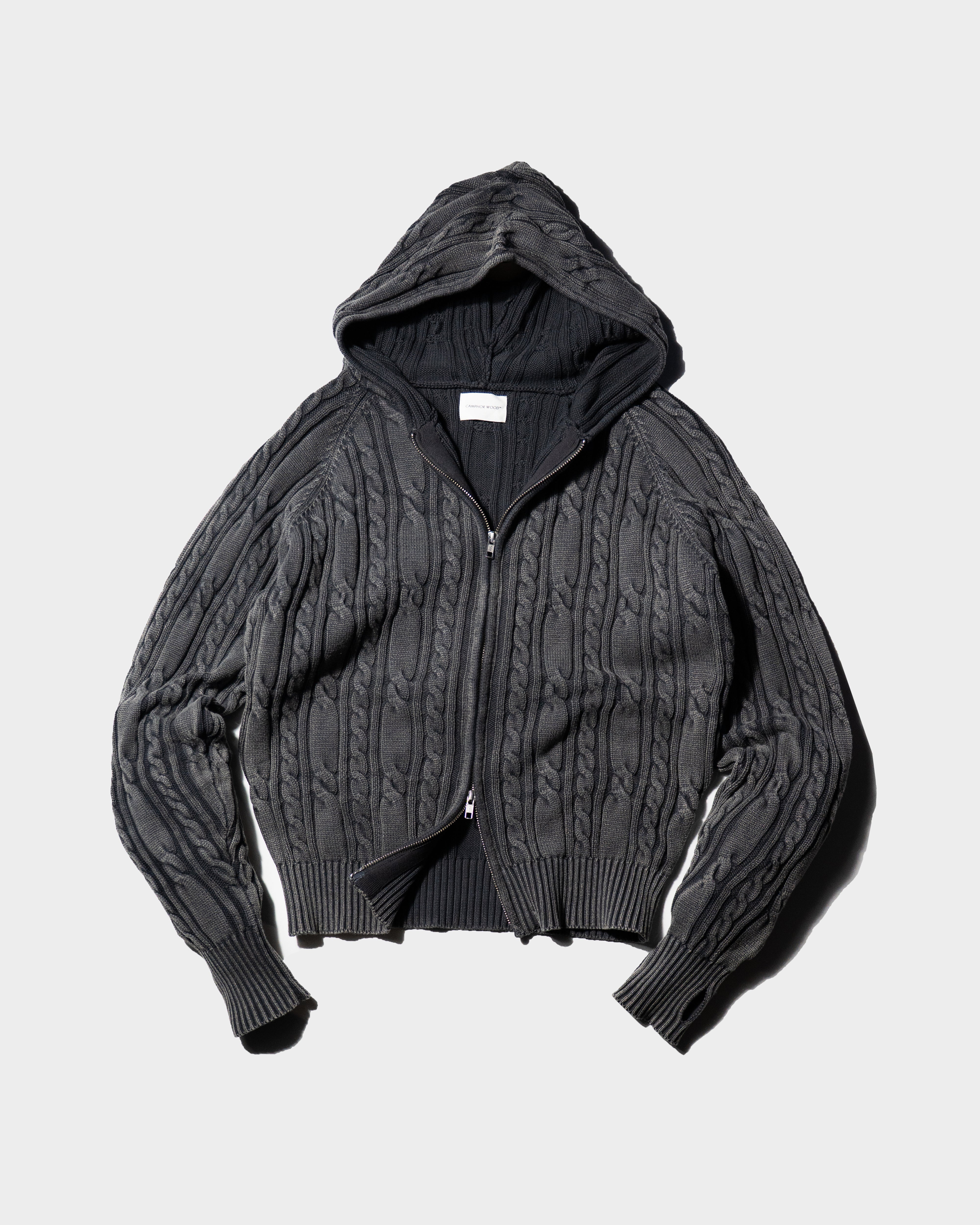 STONE WASH DOUBLE ZIP CABLE KNIT HOODIE – CAMPHOR WOOD - OFFICIAL