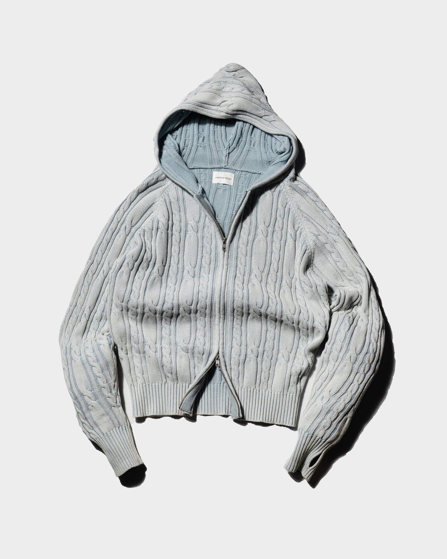 STONE WASH DOUBLE ZIP CABLE KNIT HOODIE