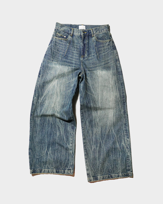 CRACKED CHEMICAL-WASHED WIDE BAGGY JEANS