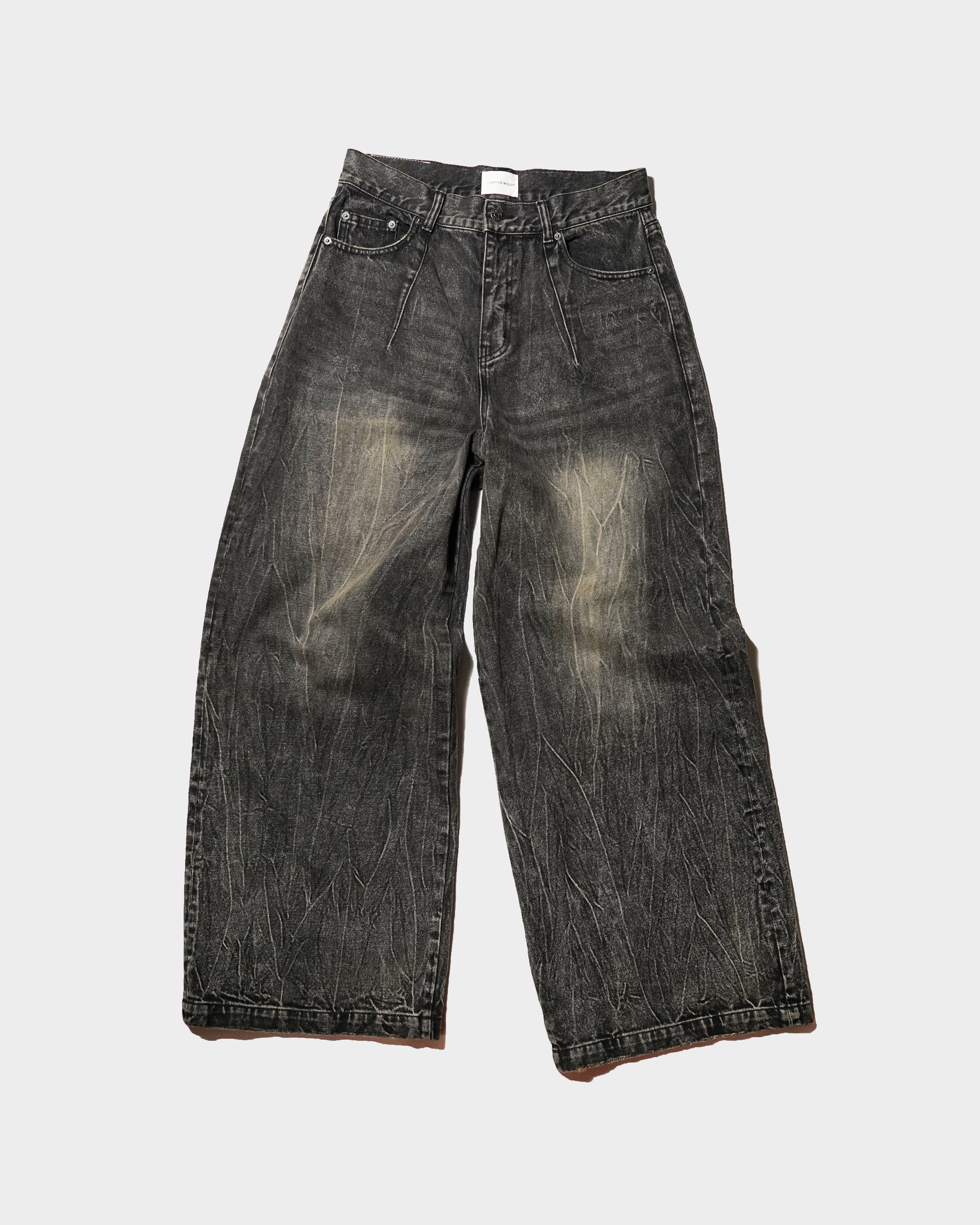 CRACKED CHEMICAL-WASHED WIDE BAGGY JEANS – CAMPHOR WOOD - OFFICIAL