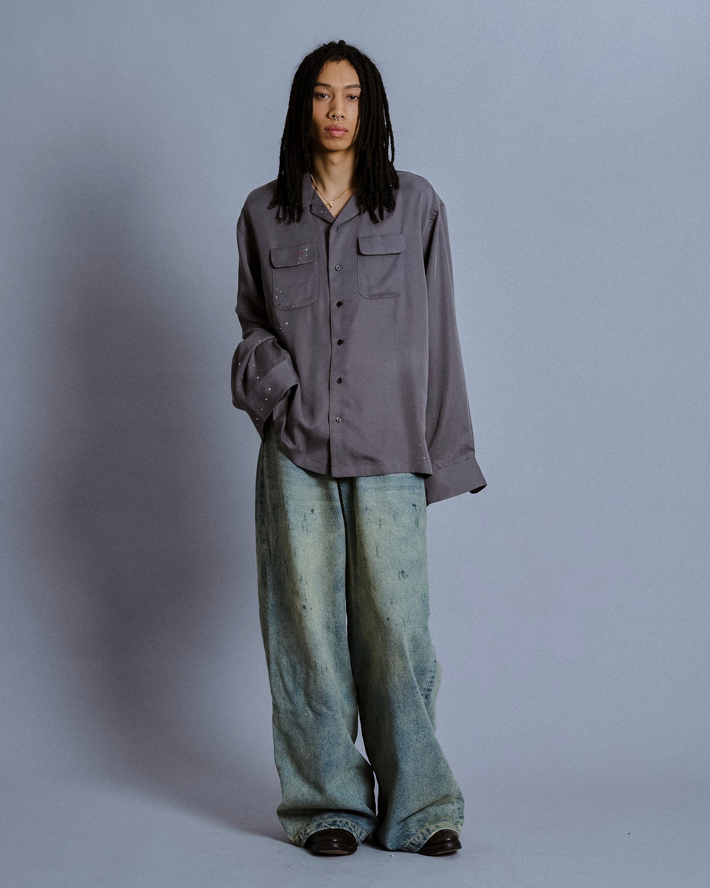 rhinestone rayon open collar l/s shirt