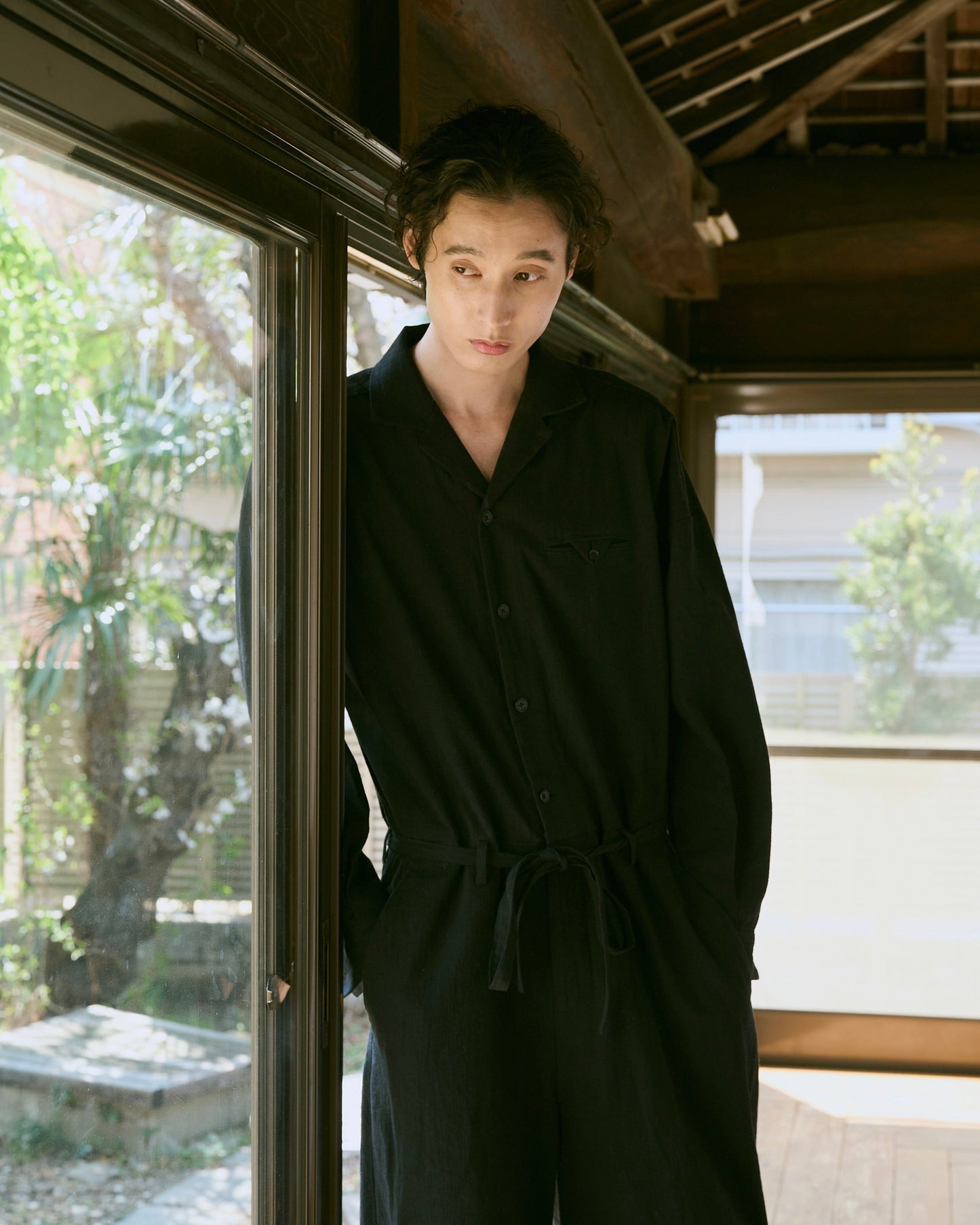 open collar cotton linen belted l/s jump suit