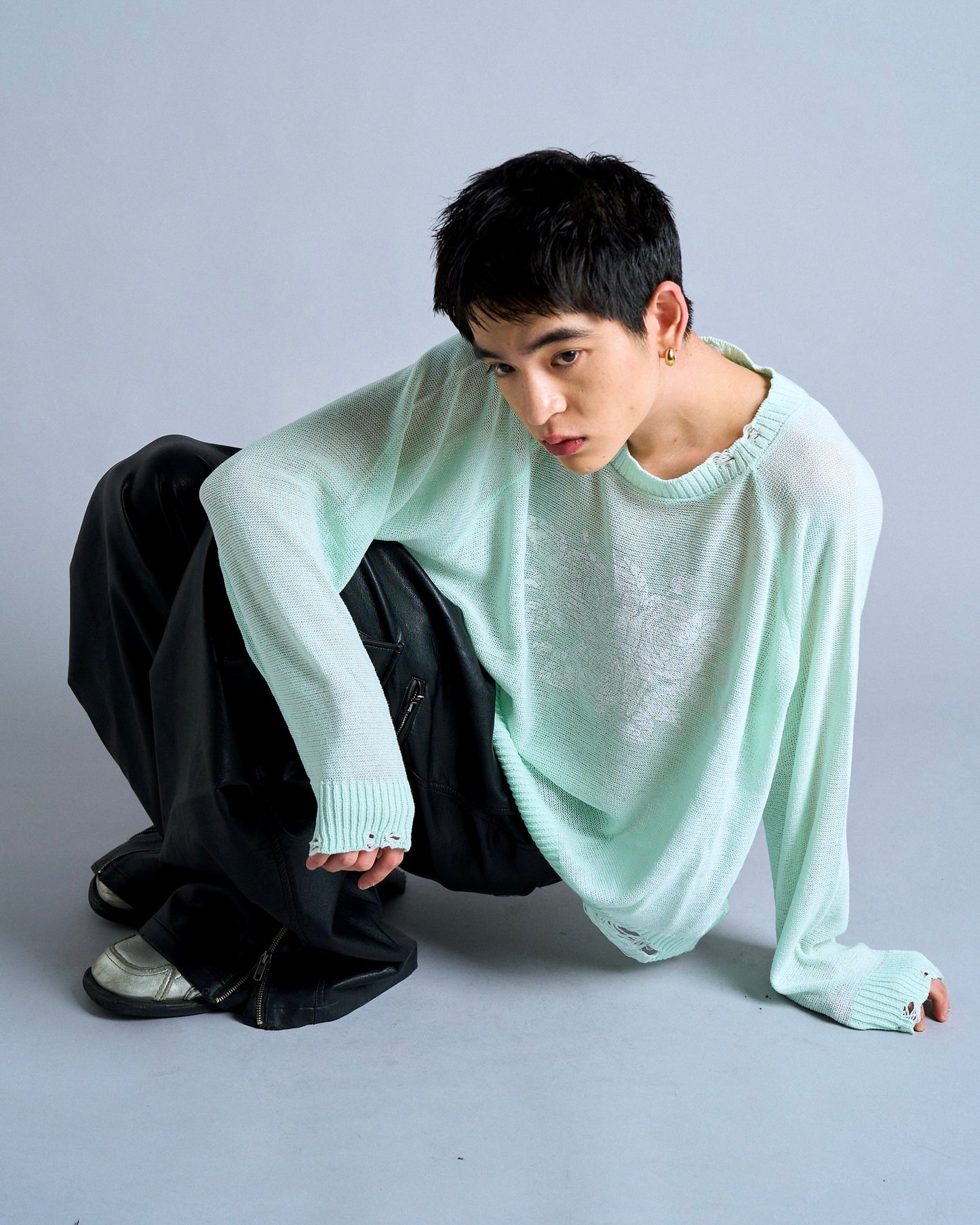 flower paint broken long sleeve sheer sweater