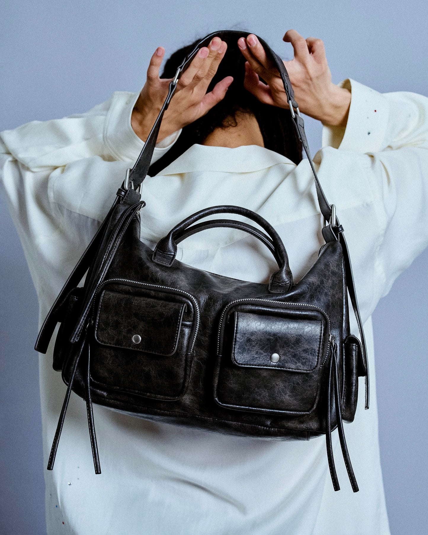 faux leather multi pocket shoulder bag