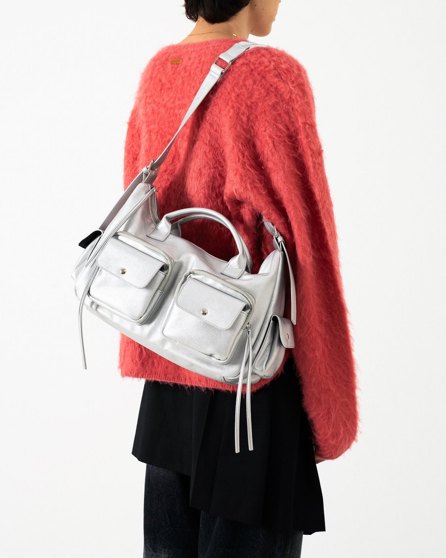 FAUX LEATHER MULTI POCKET SHOULDER BAG - SILVER