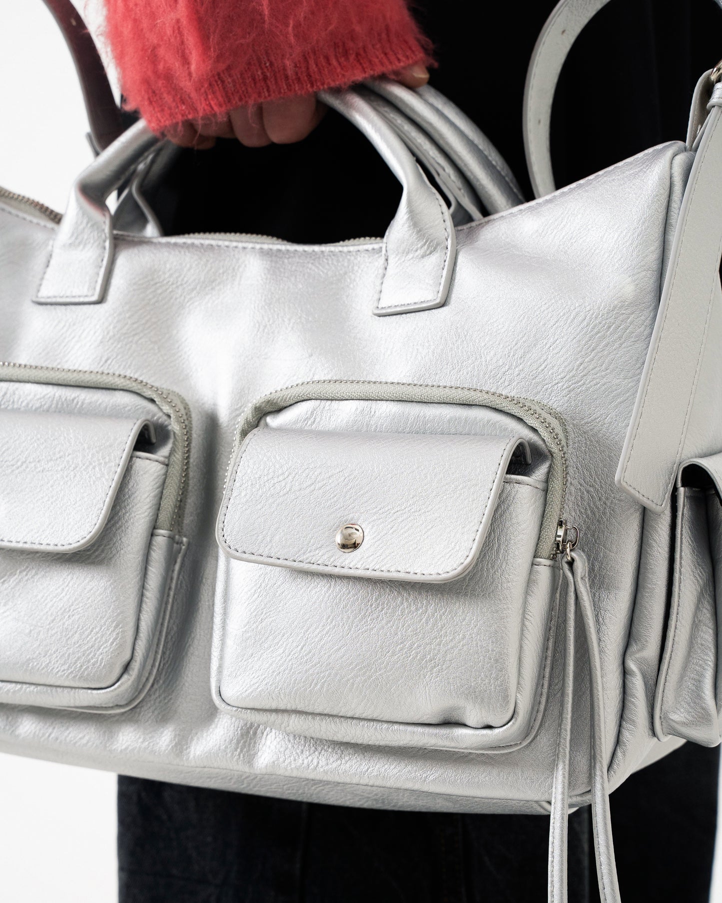 FAUX LEATHER MULTI POCKET SHOULDER BAG - SILVER