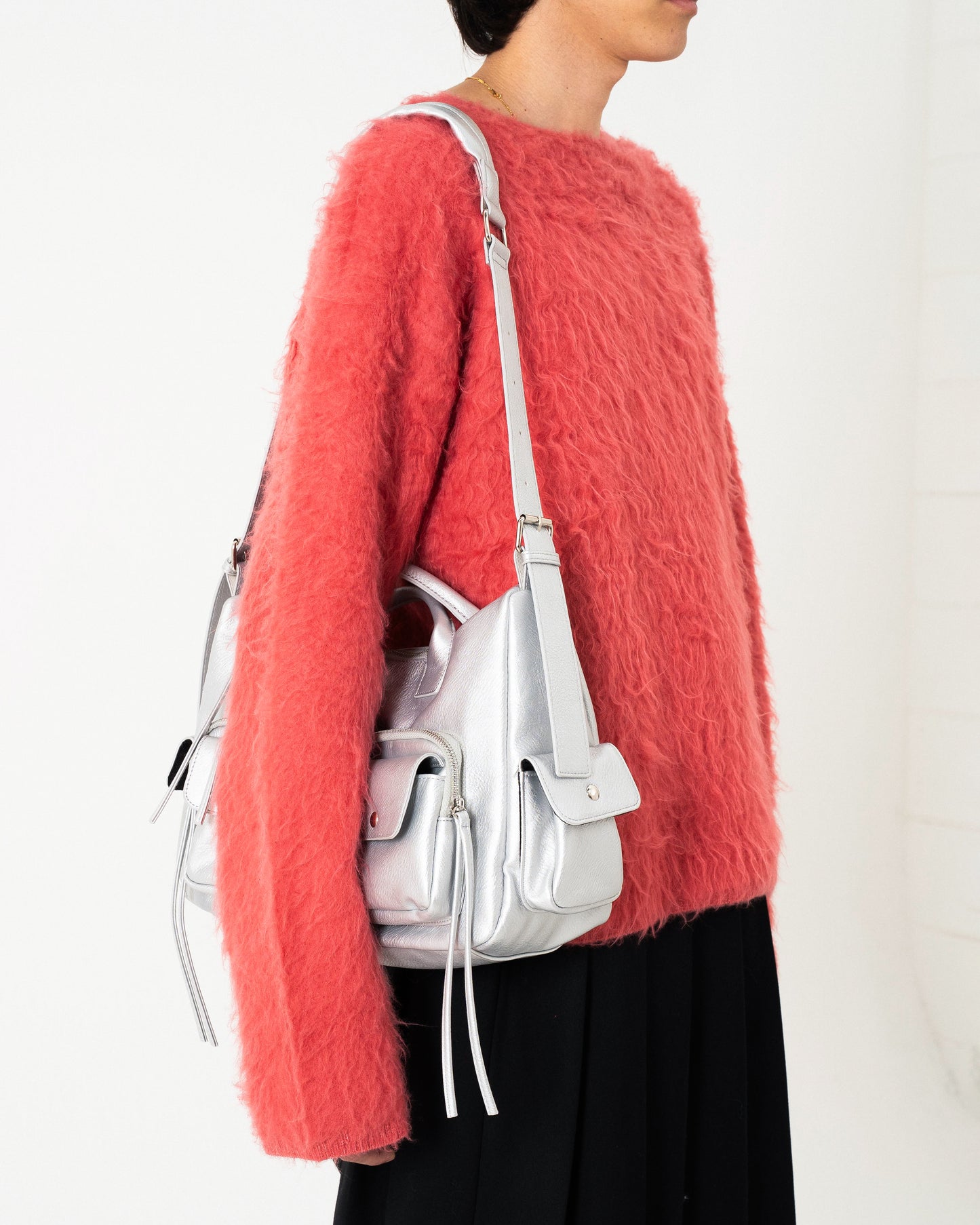 FAUX LEATHER MULTI POCKET SHOULDER BAG - SILVER