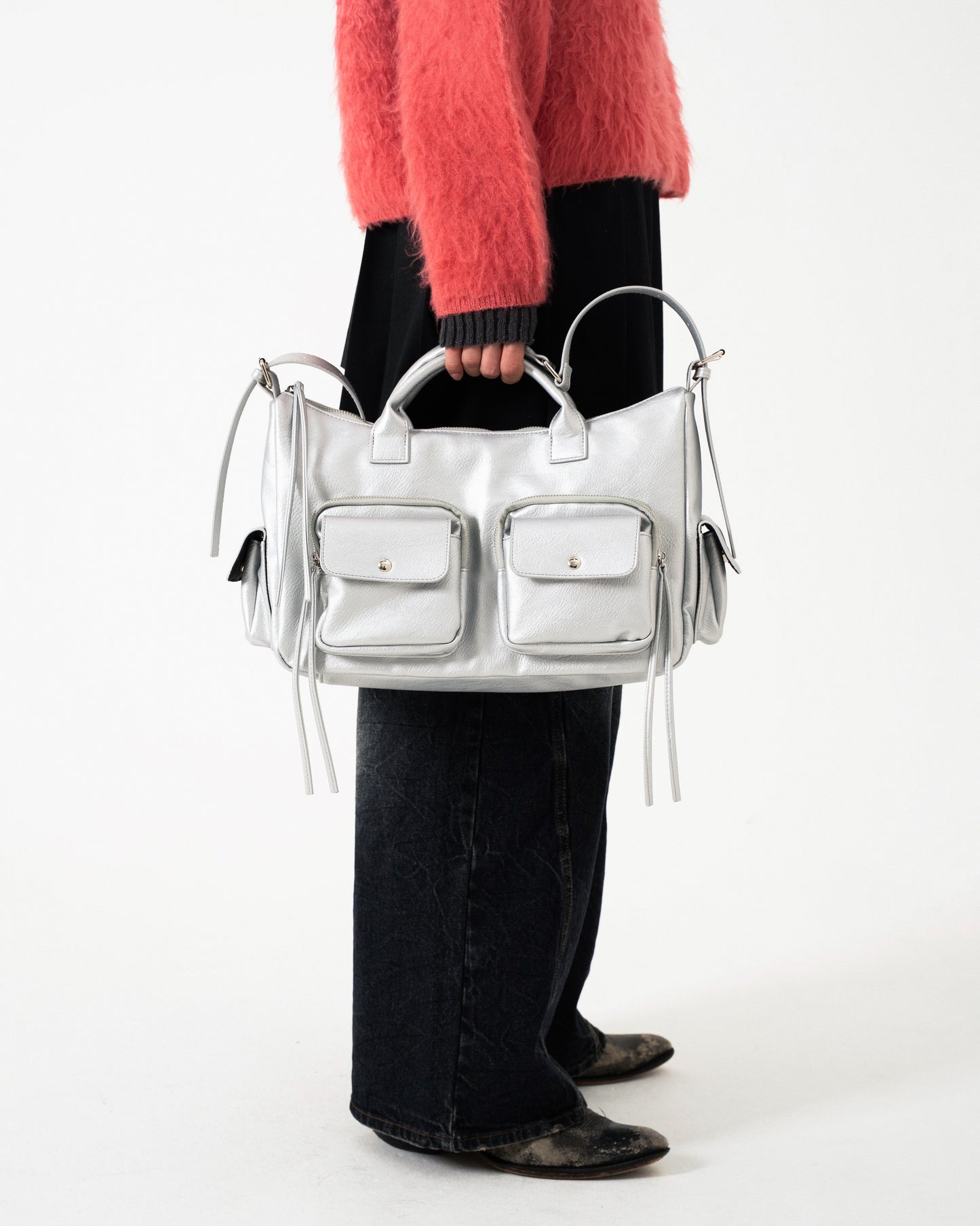 FAUX LEATHER MULTI POCKET SHOULDER BAG - SILVER