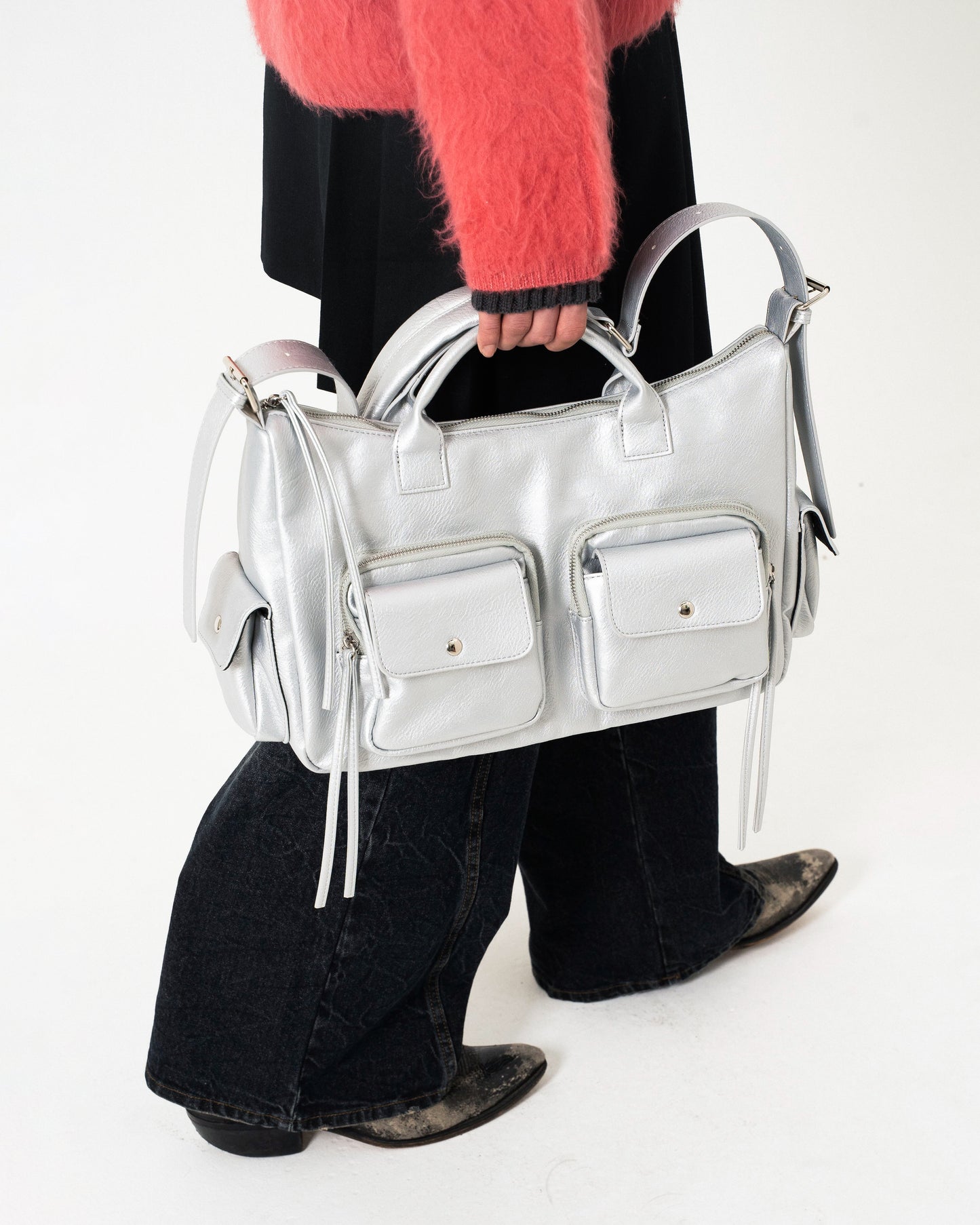 FAUX LEATHER MULTI POCKET SHOULDER BAG - SILVER