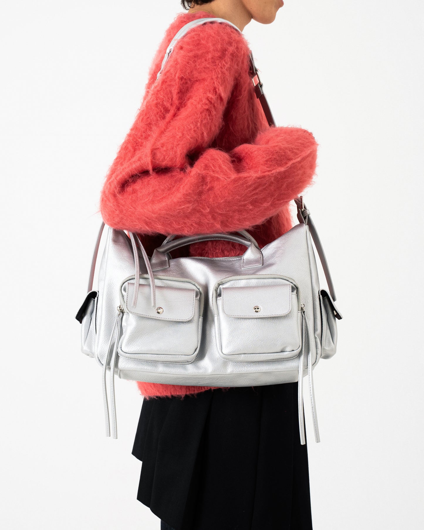 FAUX LEATHER MULTI POCKET SHOULDER BAG - SILVER