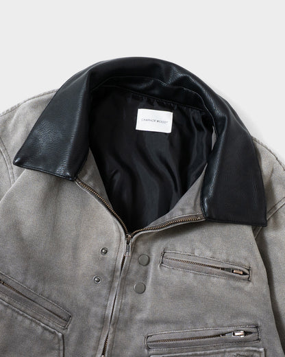 FAUX LEATHER COLLAR FADED DETROIT JACKET